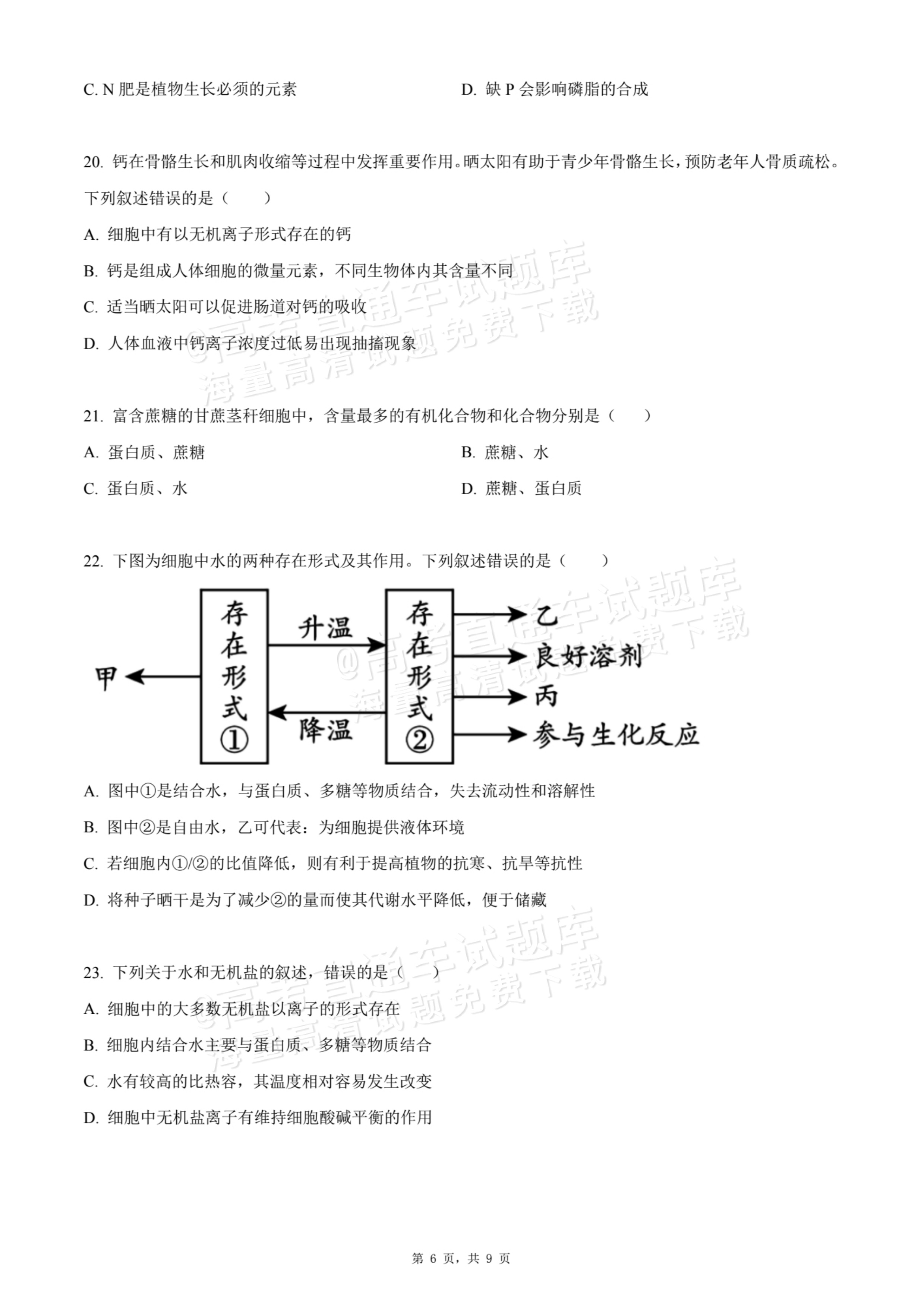 2026天津静海区第一中学高一10月月考生物试题及参考答案 第6页