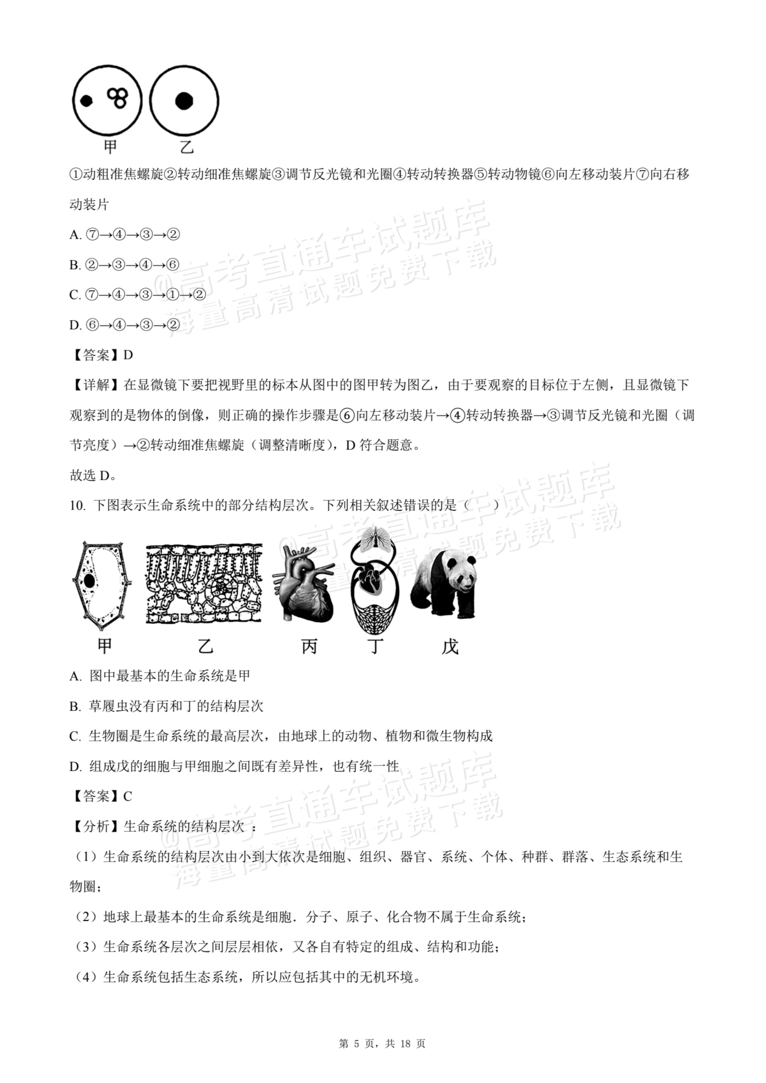 2026天津静海区第一中学高一10月月考生物试题及参考答案 答案 第5页