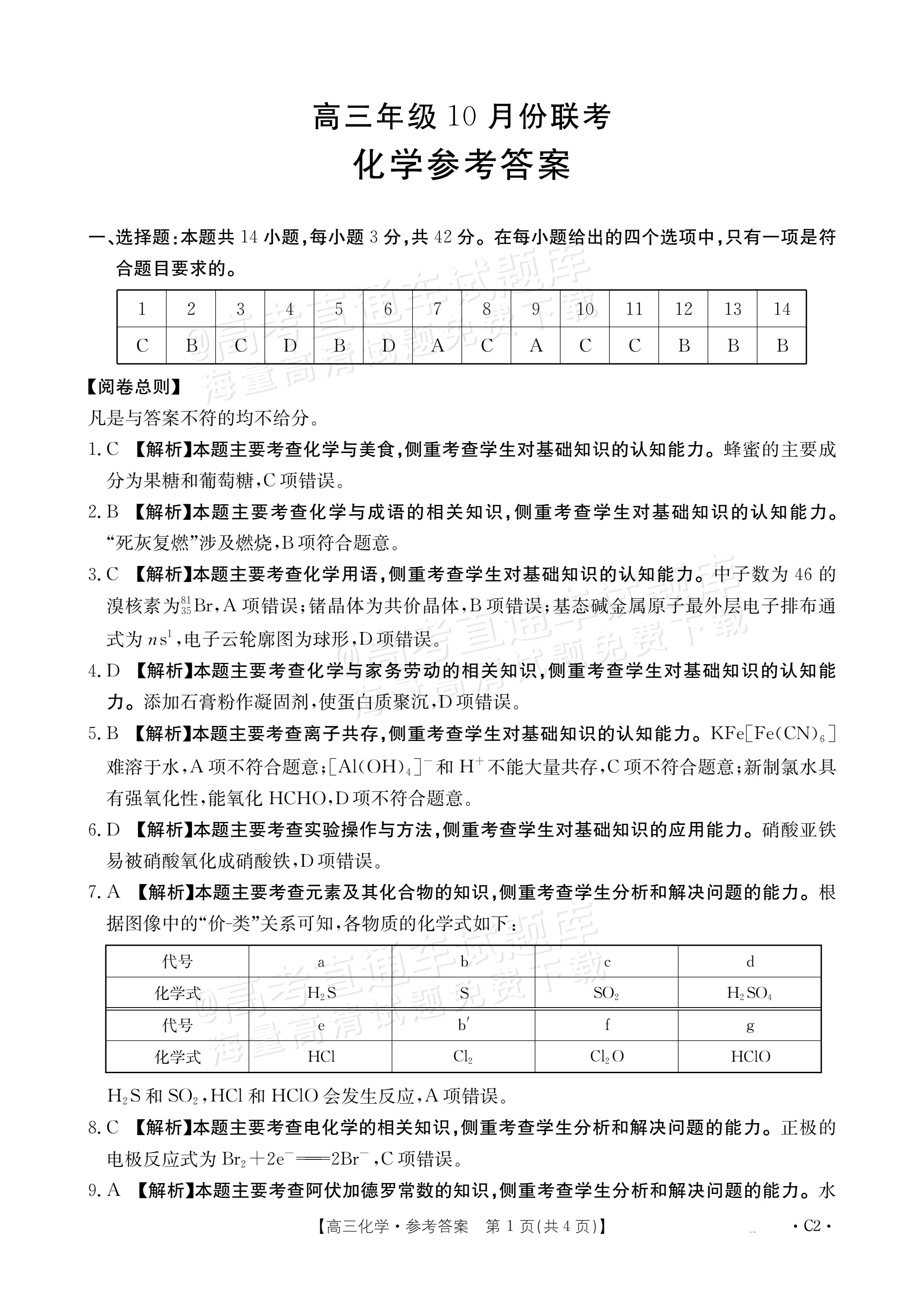 2026河北高三十月大联考(26-75C)化学试题及参考答案 答案 第1页