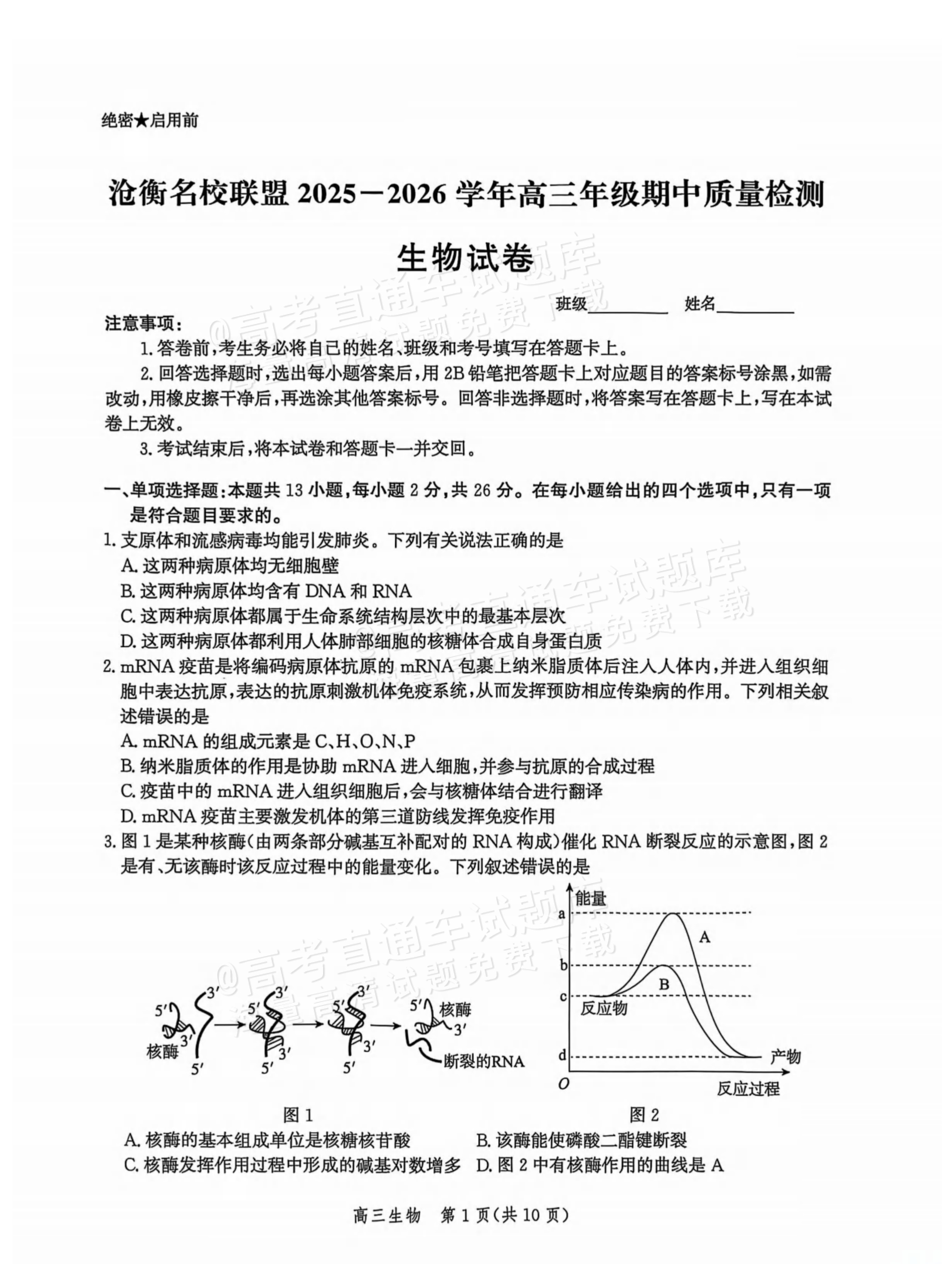 2026河北沧衡名校联盟高三上期中联考生物试题及参考答案 第1页