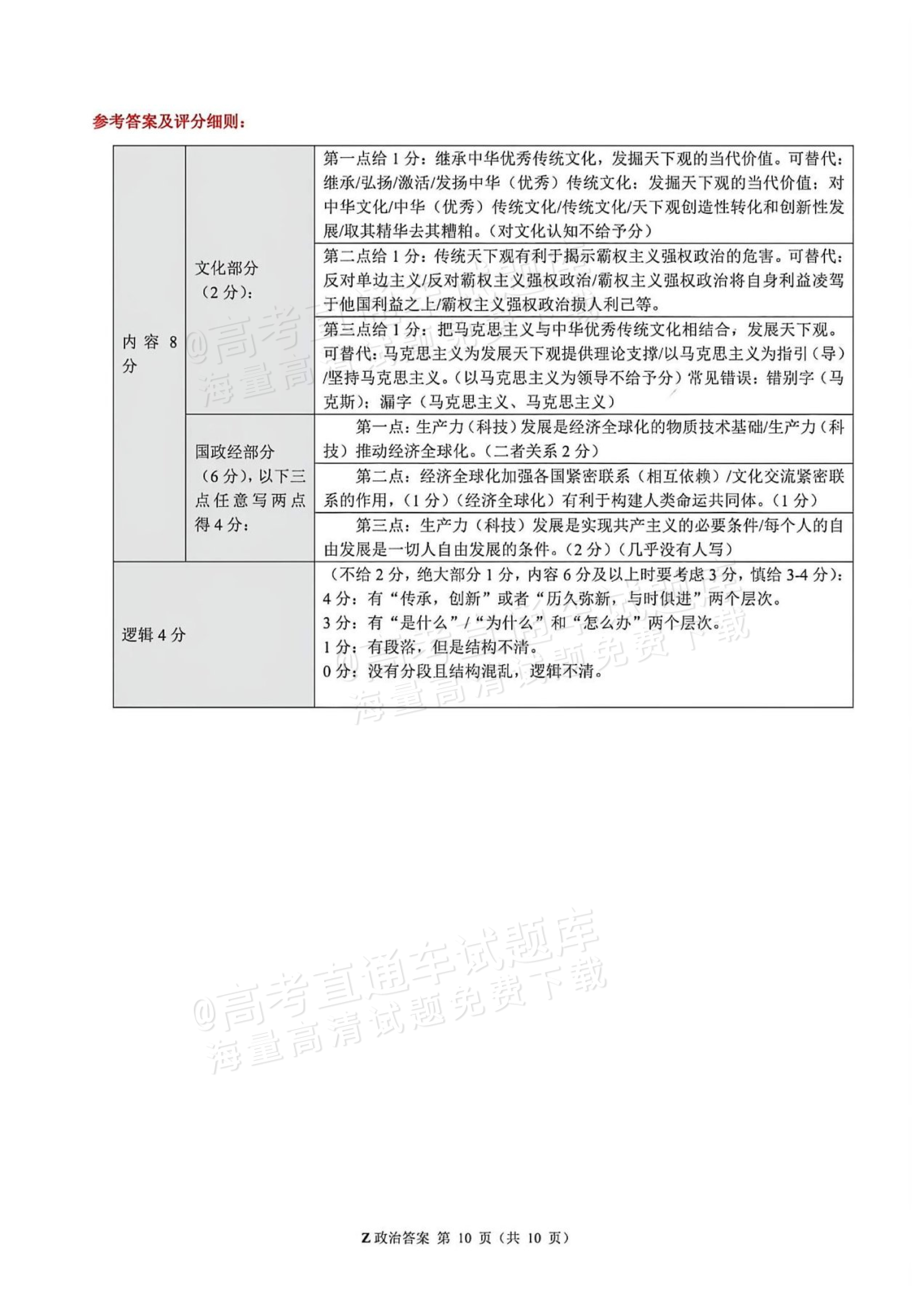 2026浙江高考（新高考Ⅰ卷）政治试题及参考答案 答案 第16页