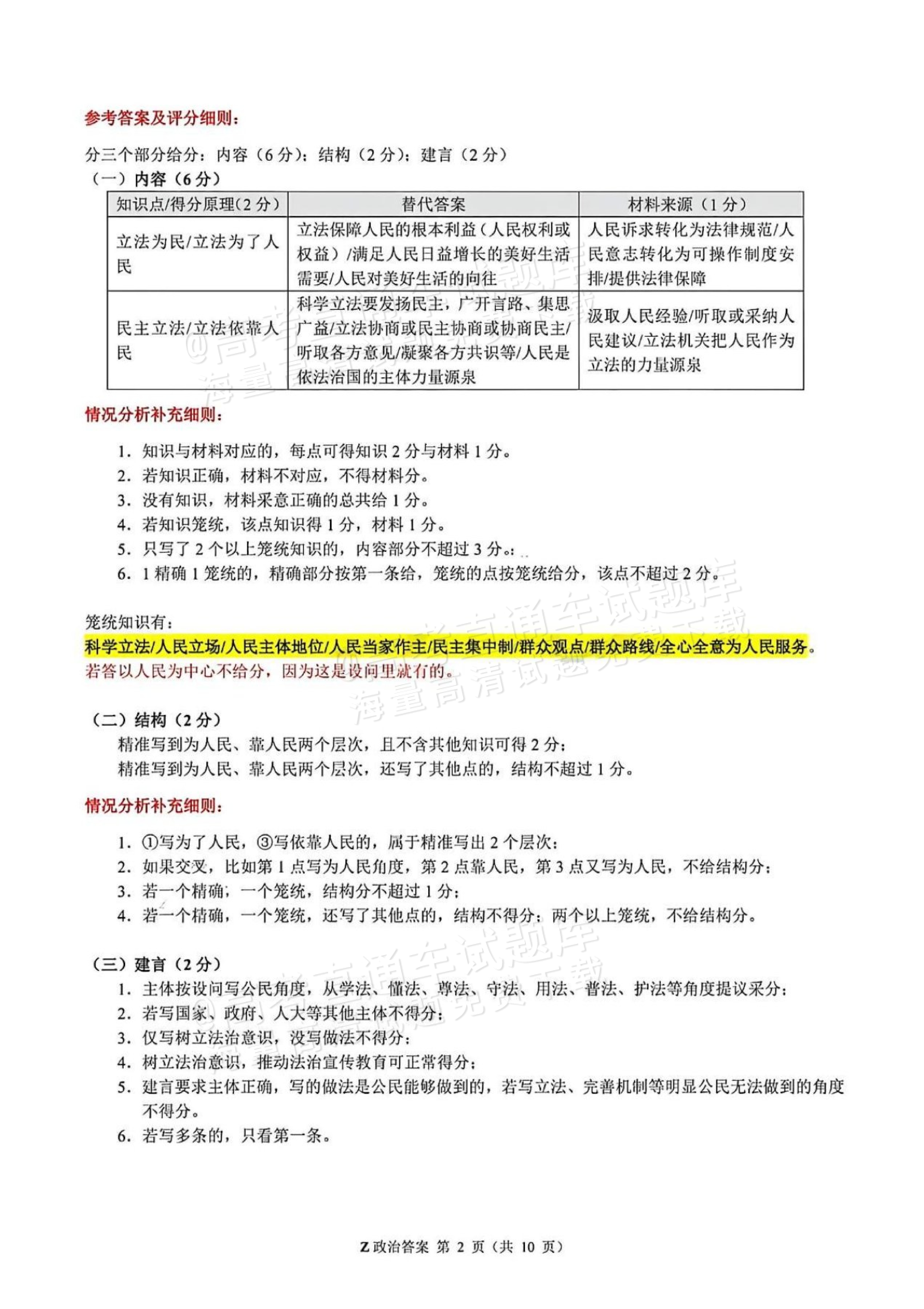 2026浙江高考（新高考Ⅰ卷）政治试题及参考答案 答案 第8页
