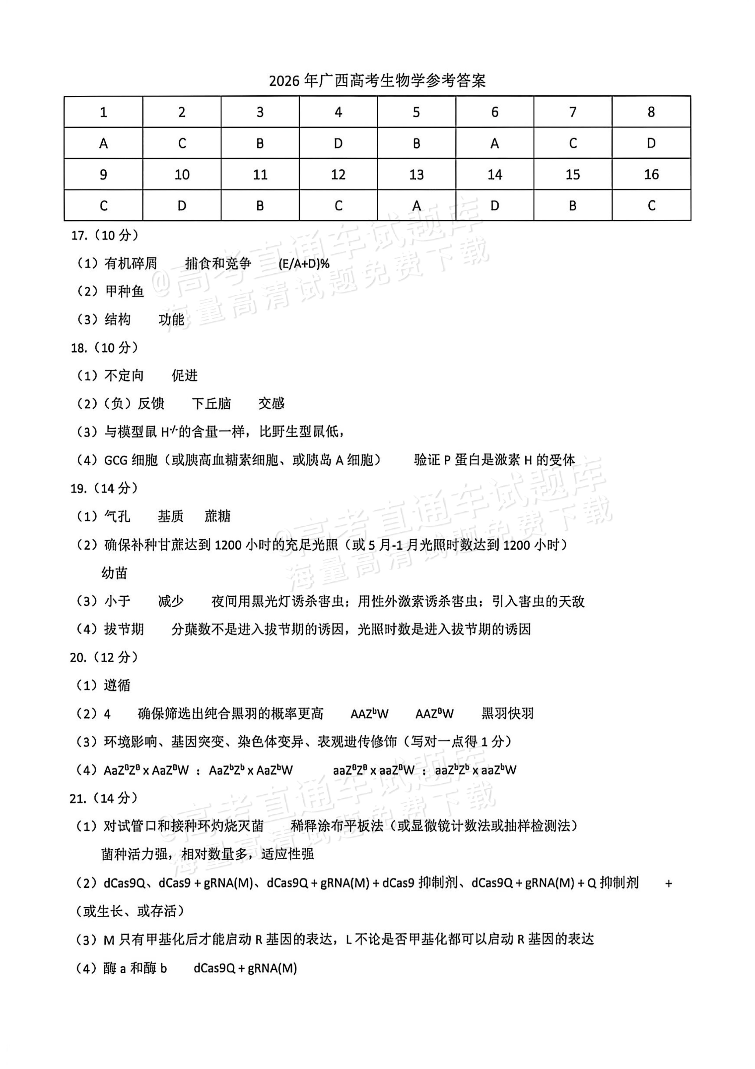 2026广西高考（新高考Ⅱ卷）生物试题及参考答案 答案 第1页