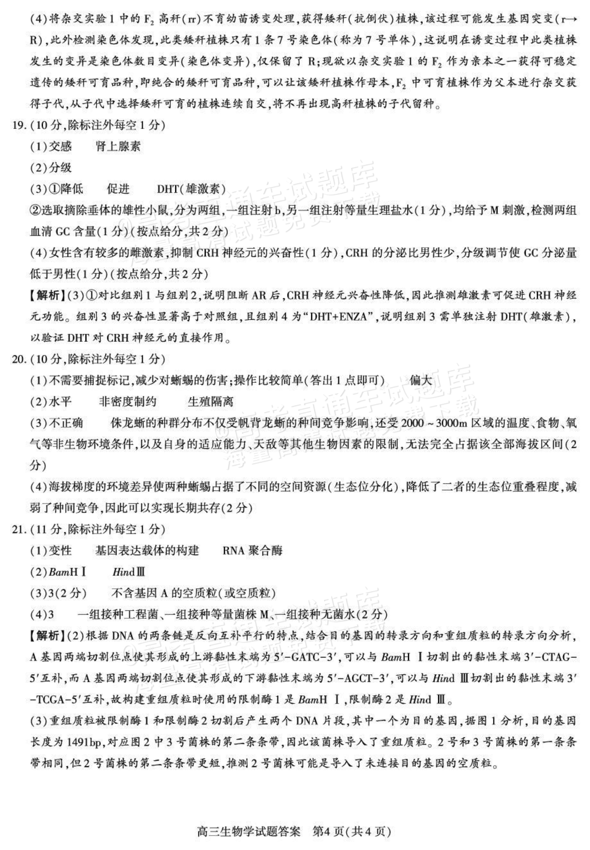 2027陕西省镇安中学高三上10月质量检测生物试题及参考答案 答案 第4页