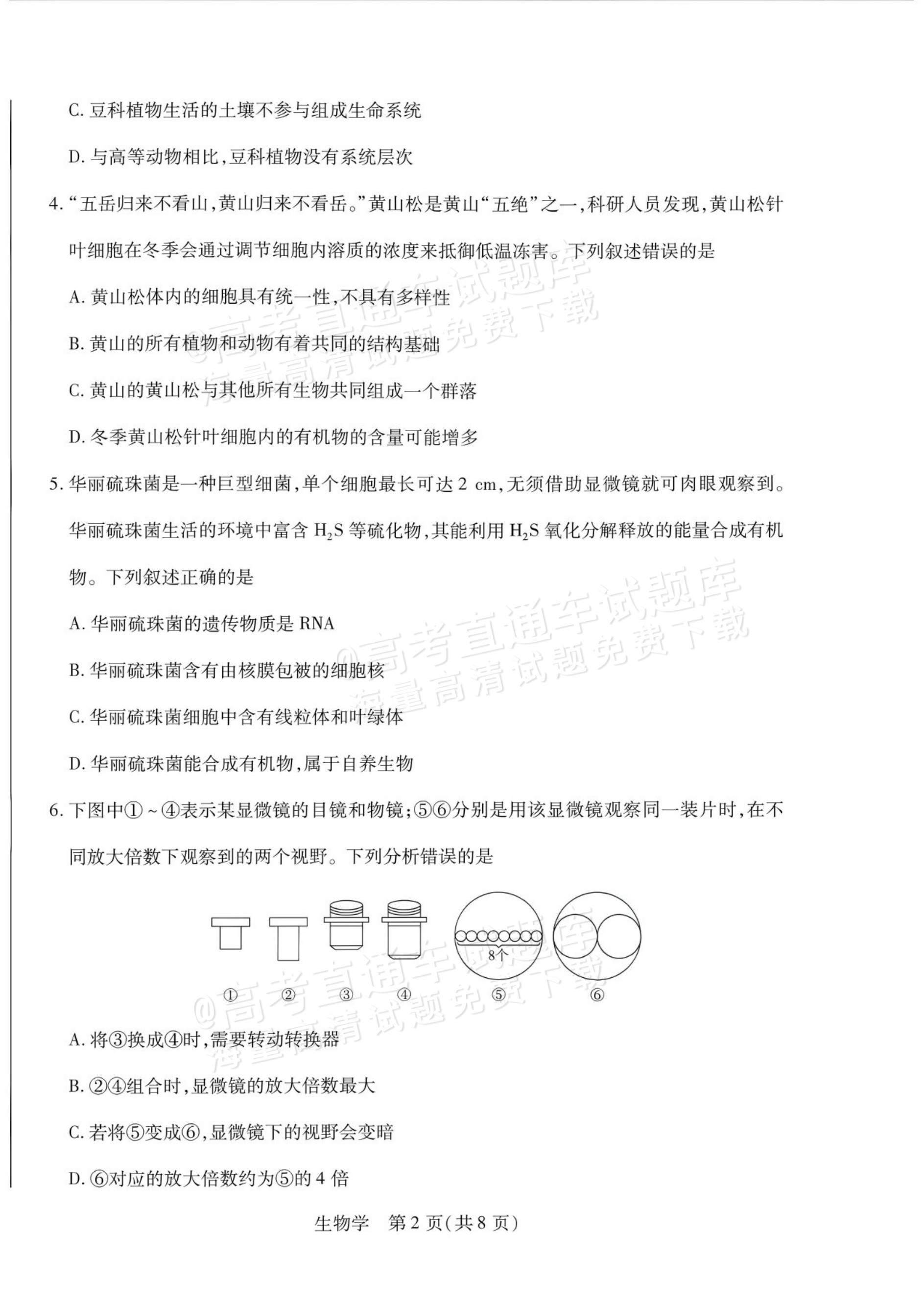 2027安徽省县中联盟高一10月联考生物试题及参考答案 第2页