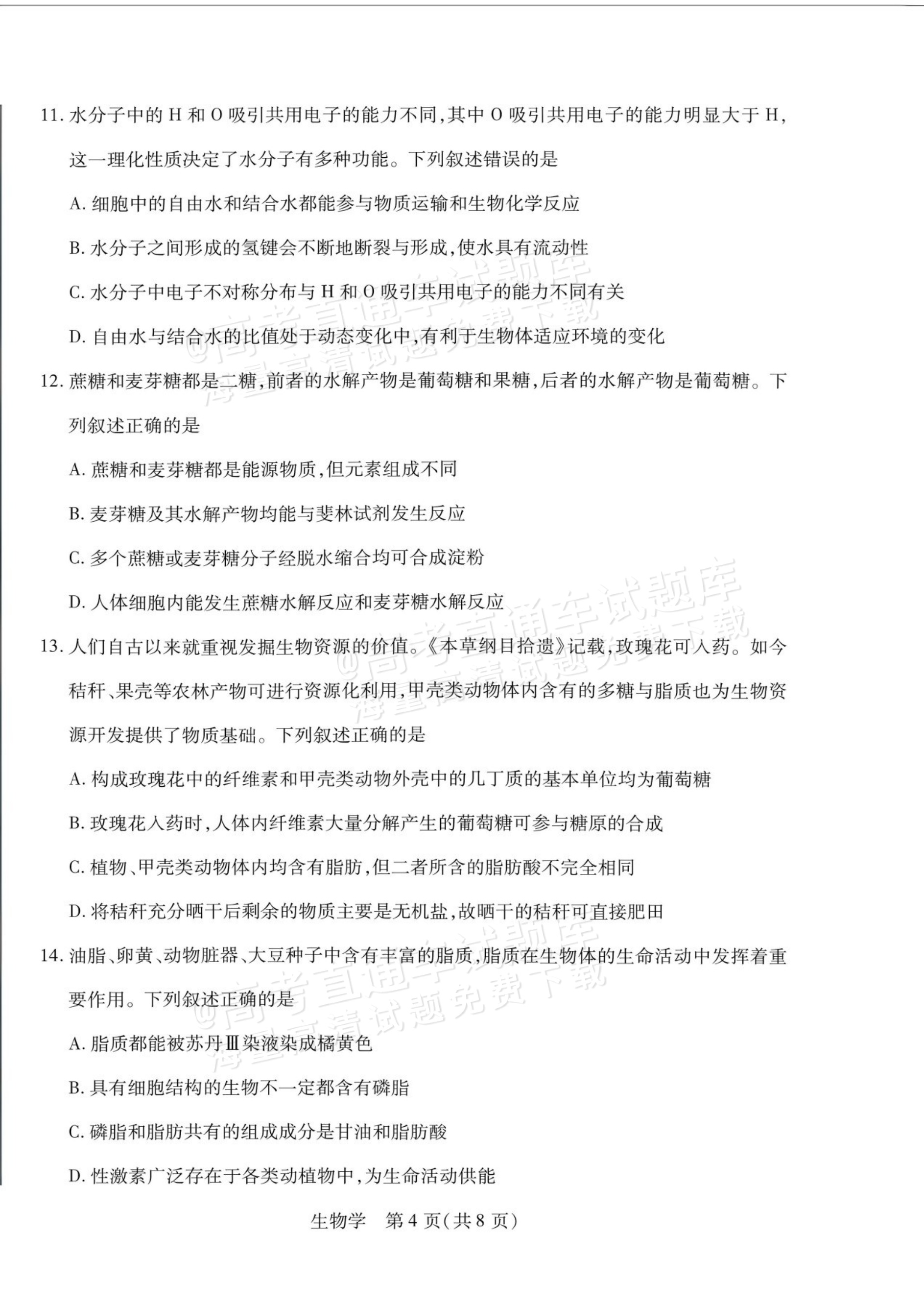 2027安徽省县中联盟高一10月联考生物试题及参考答案 第4页