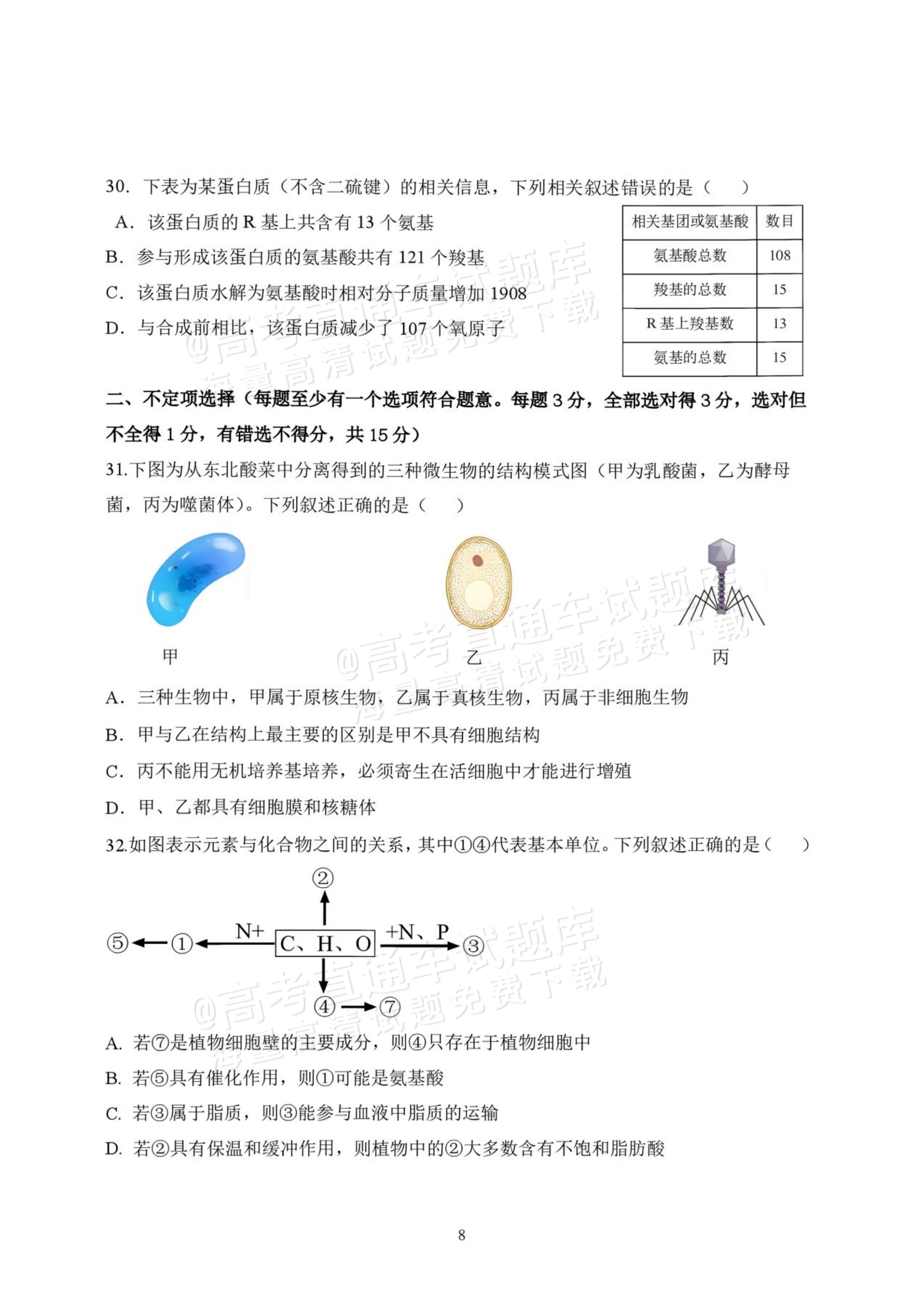 2027黑龙江省哈尔滨市第三中学高一上10月月考生物试题及参考答案 第8页