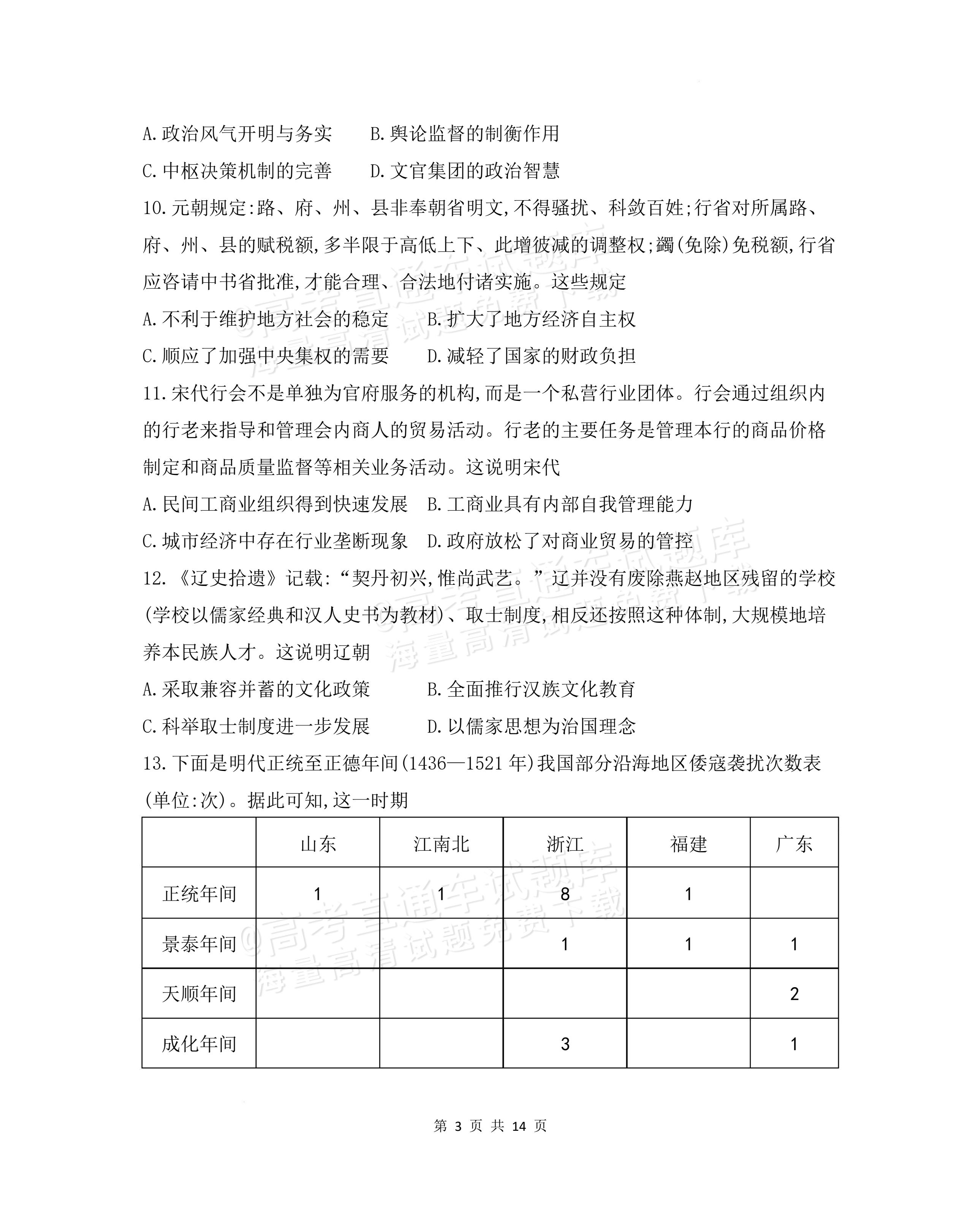 2027安徽阜阳市临泉田家炳实验中学高三上9月阶段检测历史试题及参考答案 第3页