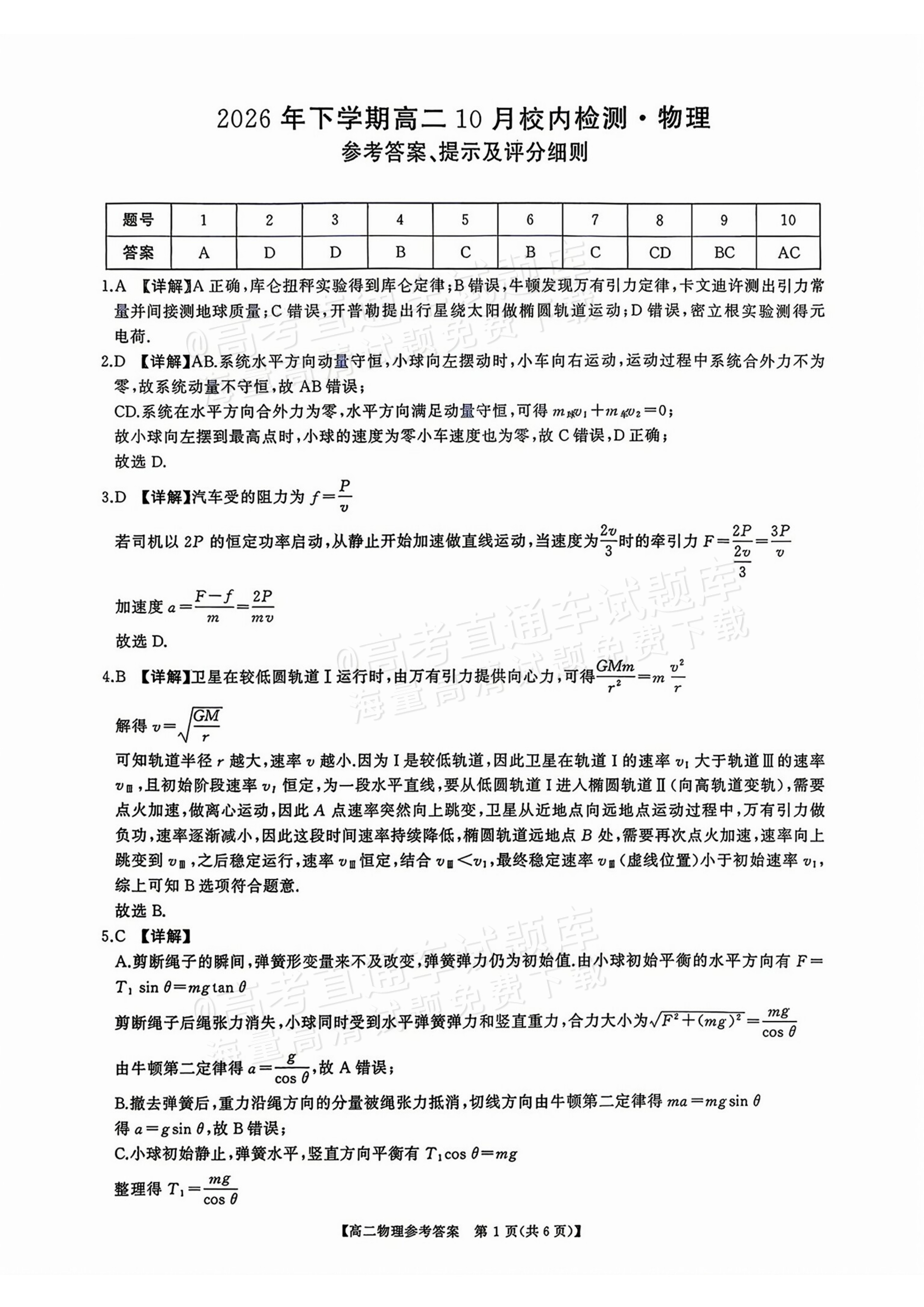 2027湖南五市十校联考高二上10月阶段检测 物理试题及参考答案 答案 第1页