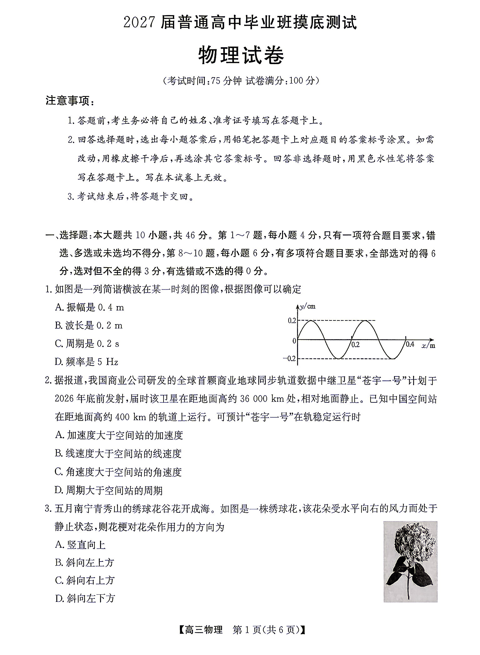 2027广西南宁高三毕业班10月摸底测试物理试题 第1页