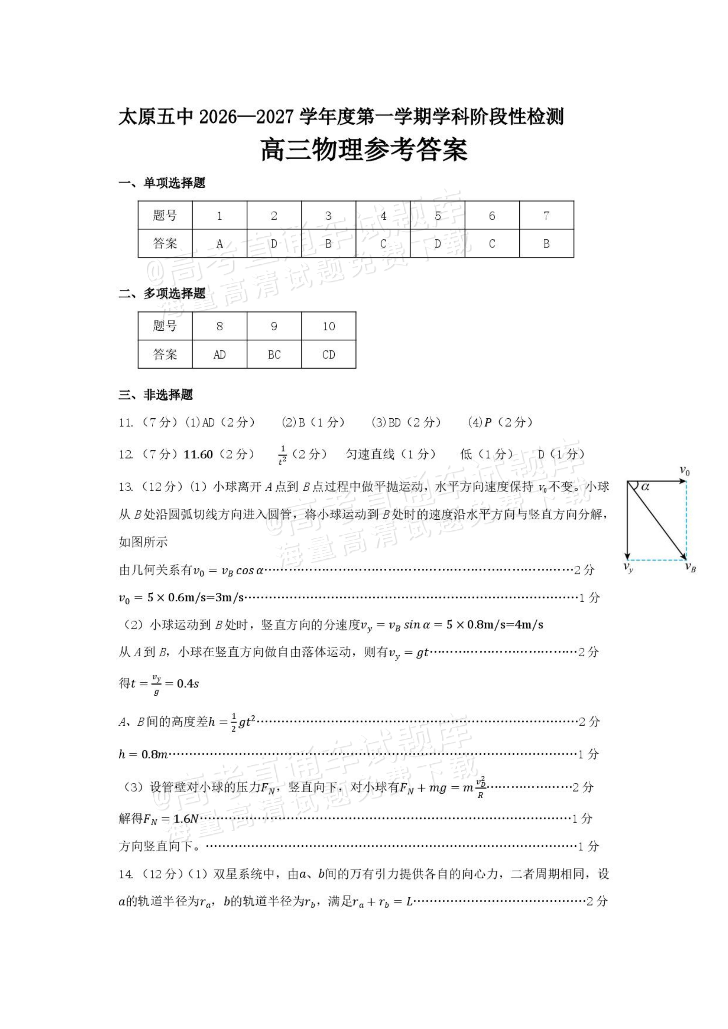 2027山西省太原五中高三10月学科阶段性检测物理试题及参考答案 答案 第1页