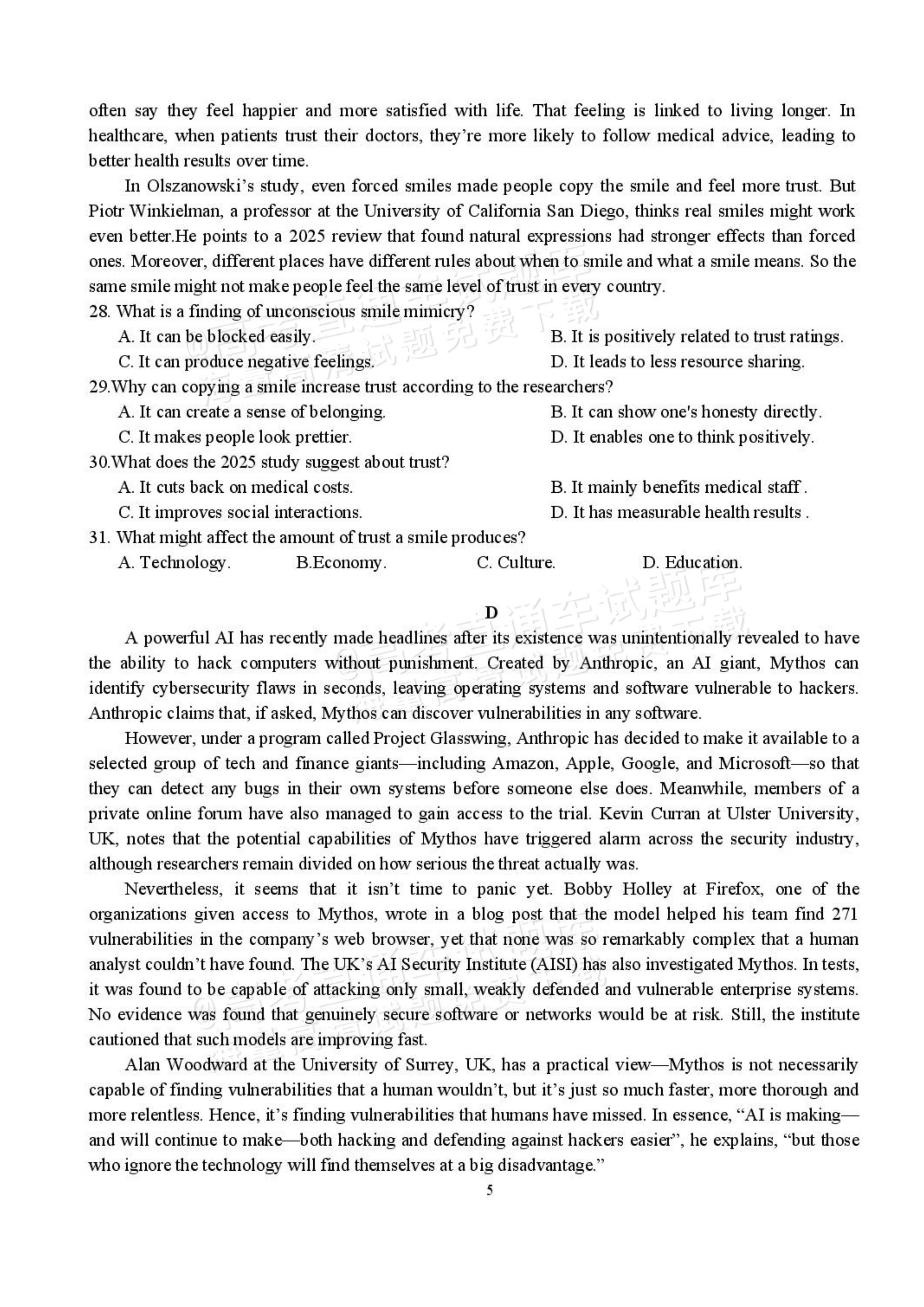 2027湖北省沙市中学高三上10月月考英语试题及参考答案 第5页