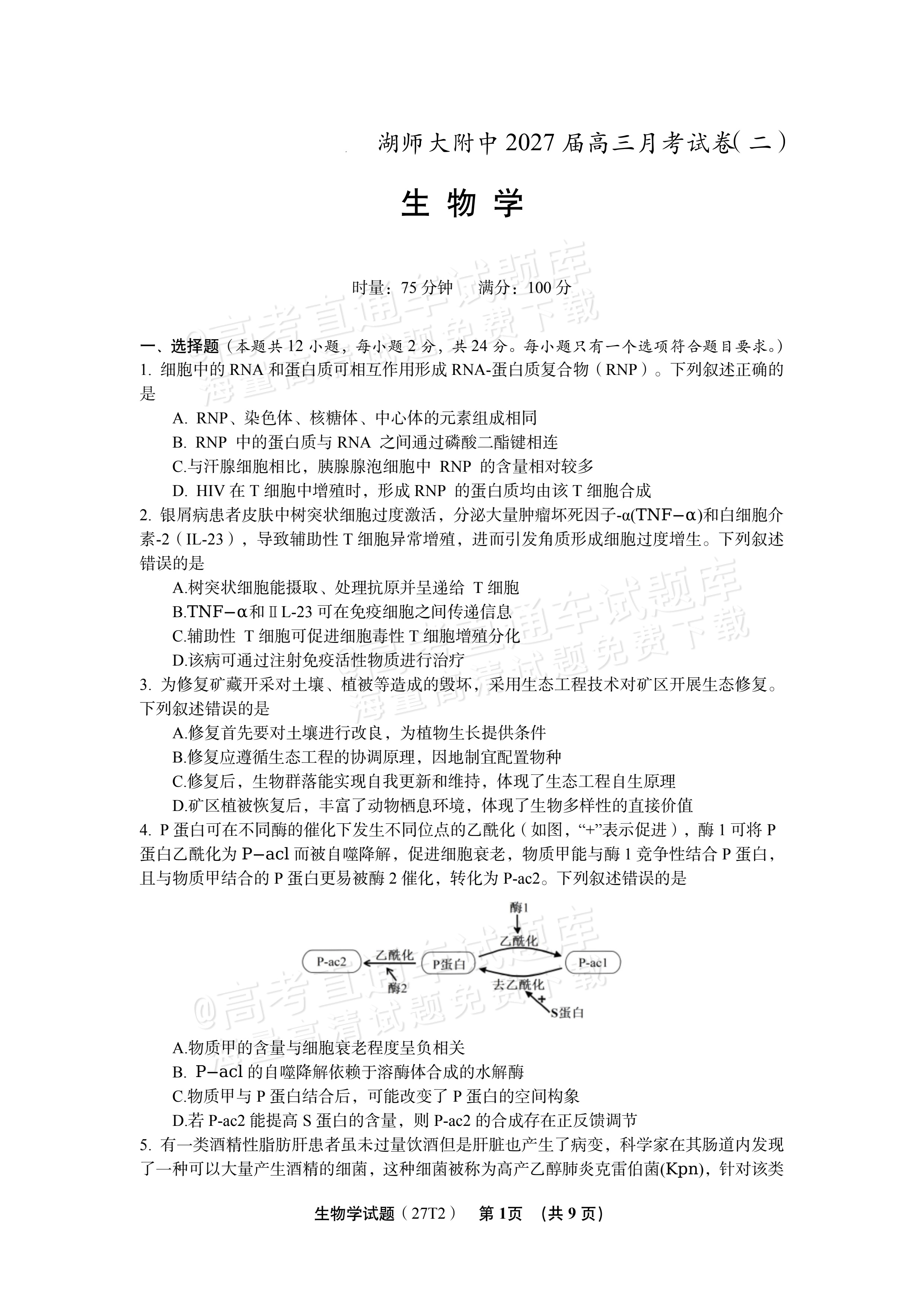 2027湖南省湖南师范大学附属中学高三月考卷(二)(27T）生物试题 第1页