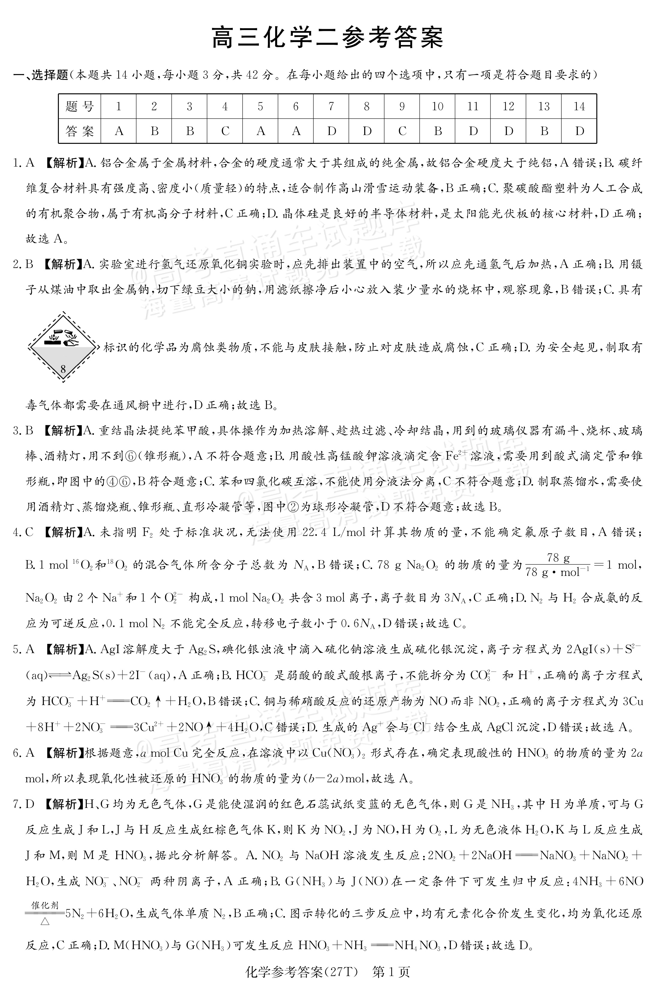 2027湖南省湖南师范大学附属中学高三月考卷(二)(27T）化学试题及参考答案 答案 第1页