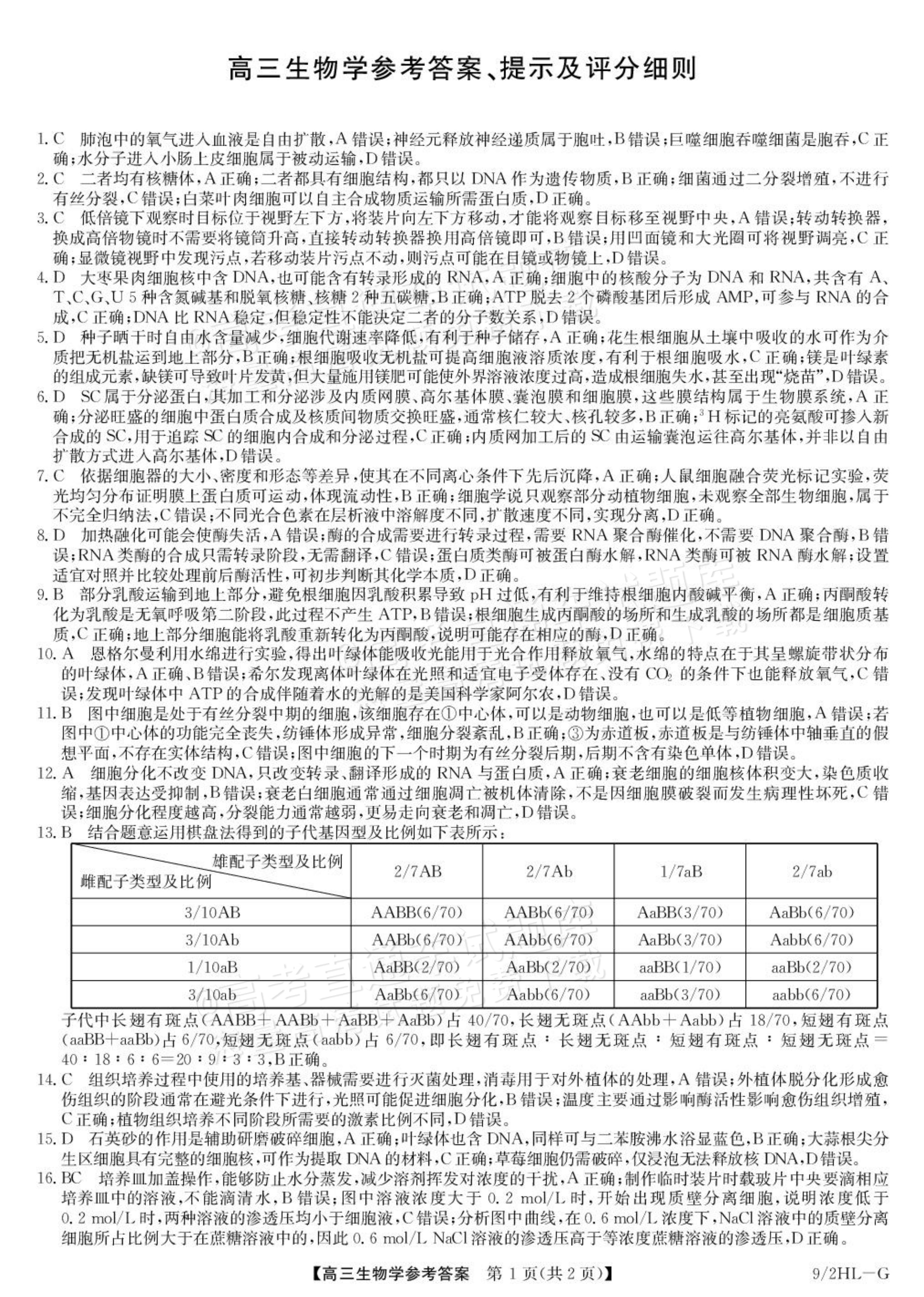 2027九师联盟高三10月联考（9/2X-G）生物试题及参考答案 答案 第1页