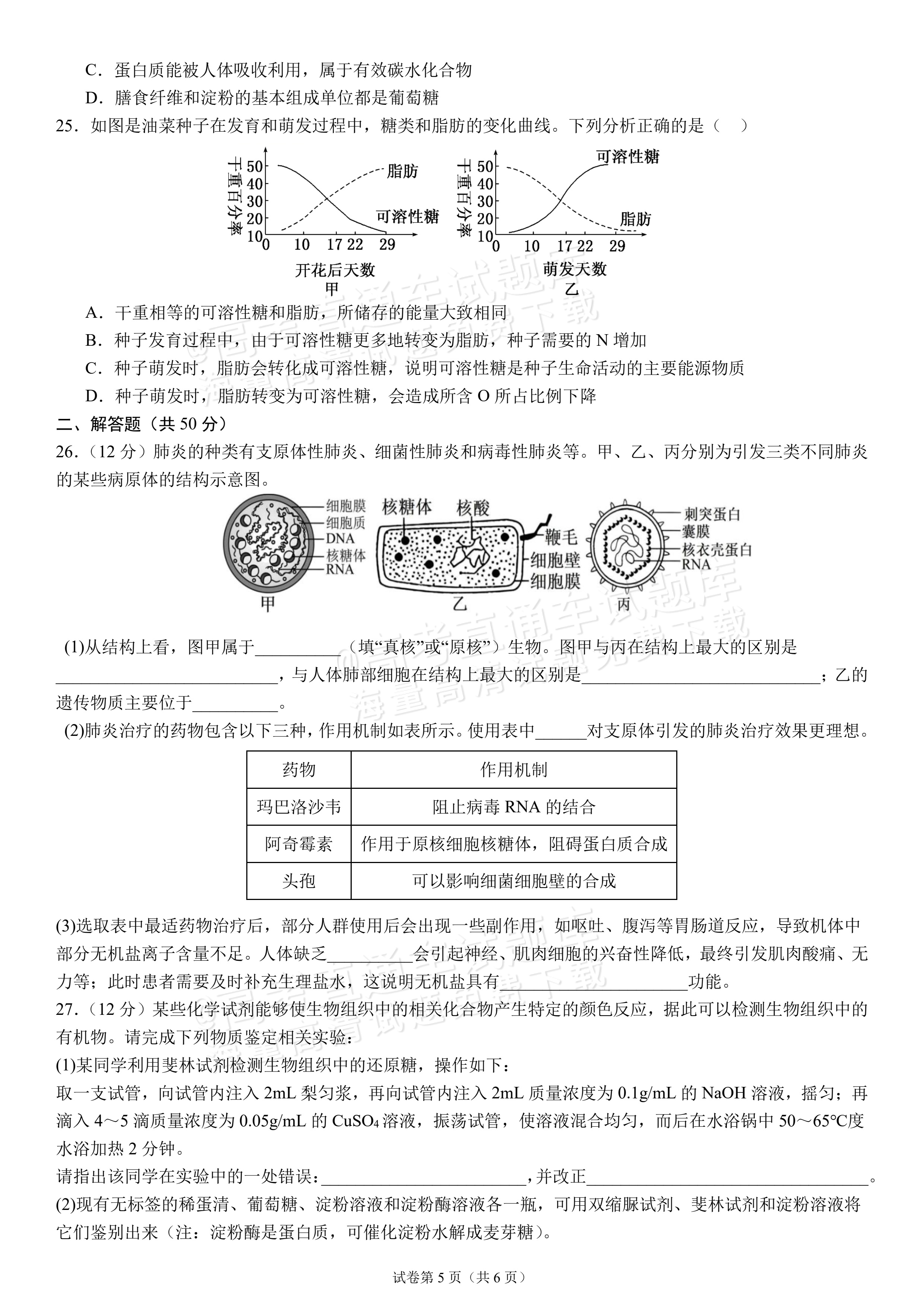 2027四川成都外国语学校高一10月月考生物试题及参考答案 第5页