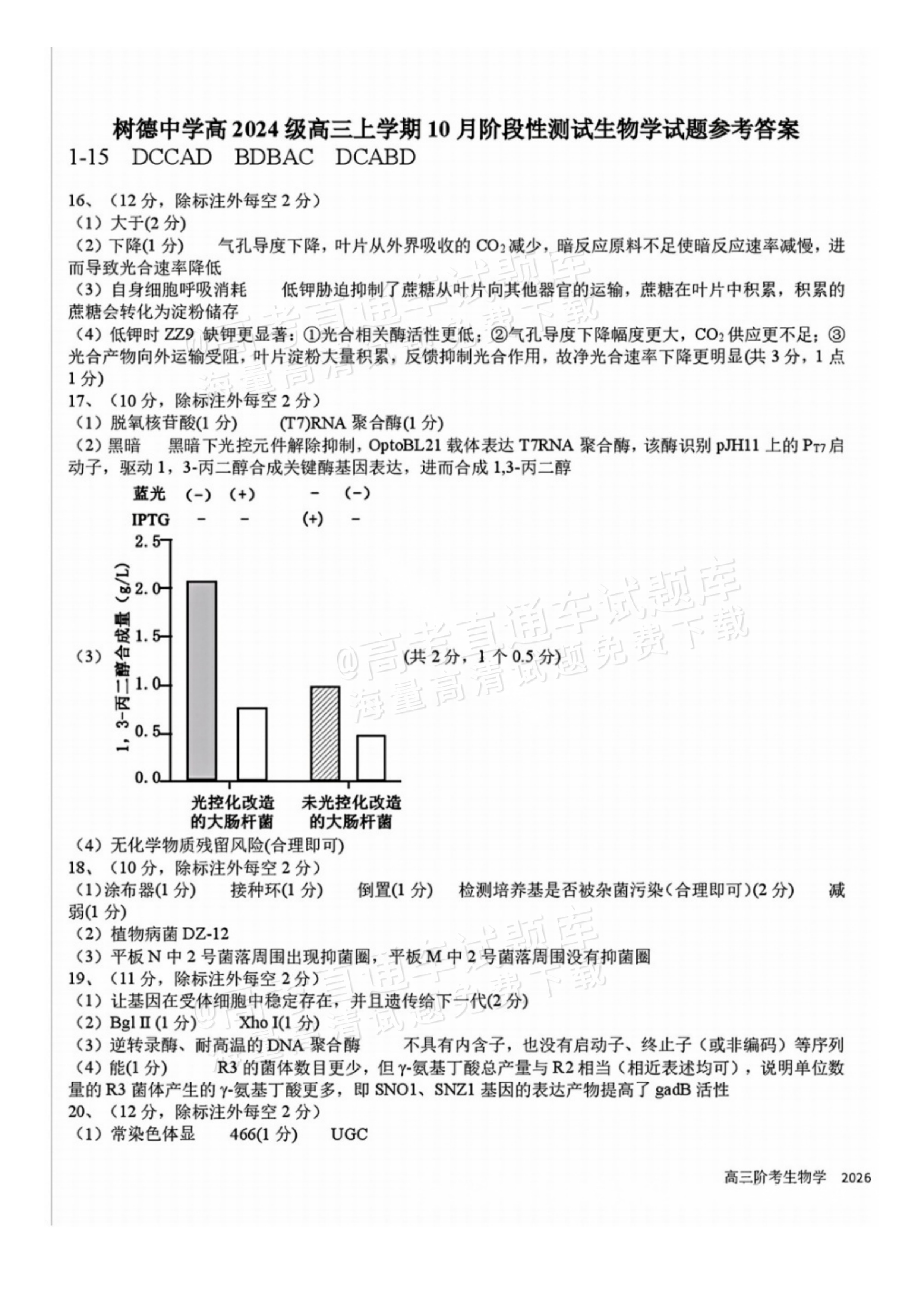 2027四川省成都市树德中学高三10月考生物试题及参考答案 答案 第1页