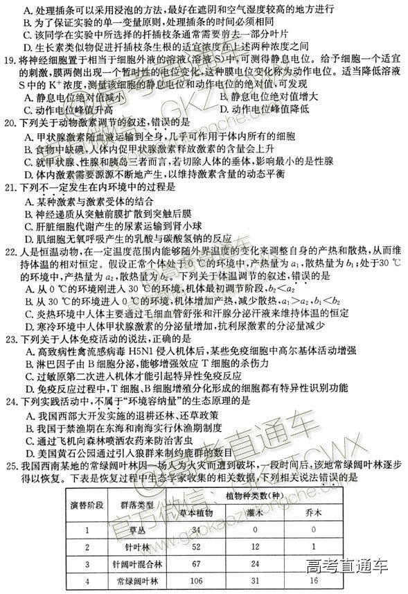 2018山西第三次名校联考生物试题及参考答案 第5页