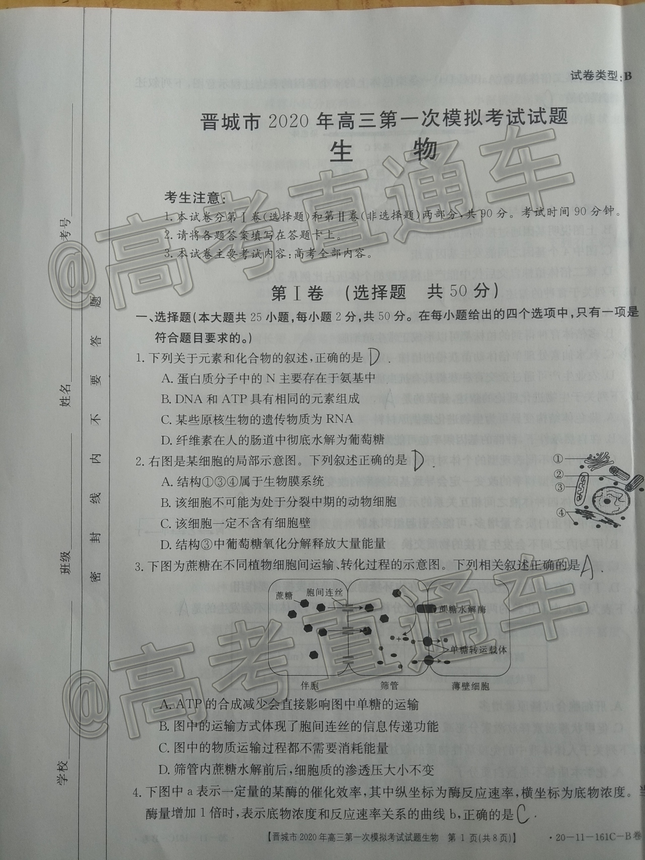 2020晋城一模（20-11-160C/161C）生物试题及参考答案 第5页