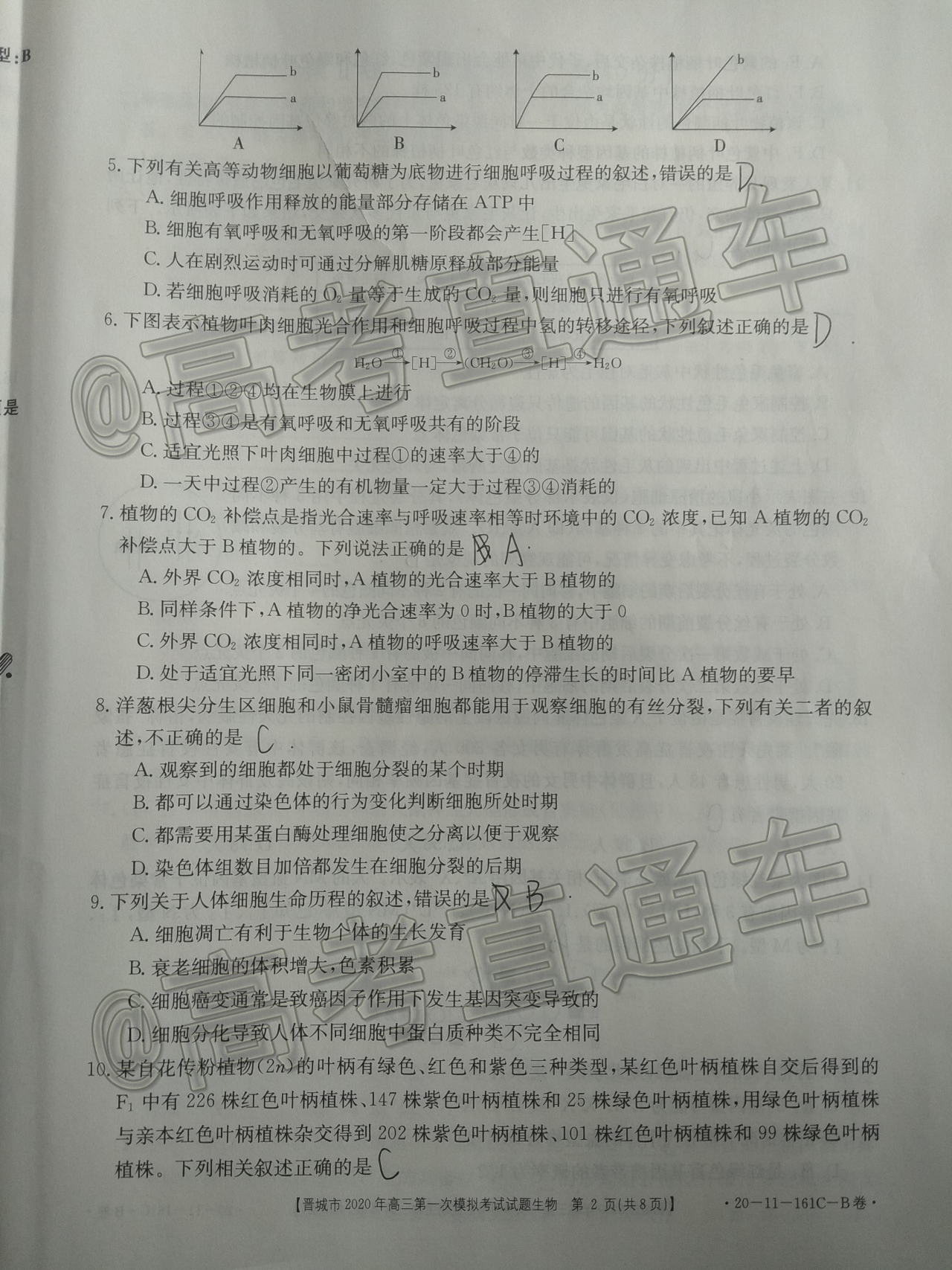 2020晋城一模（20-11-160C/161C）生物试题及参考答案 第6页