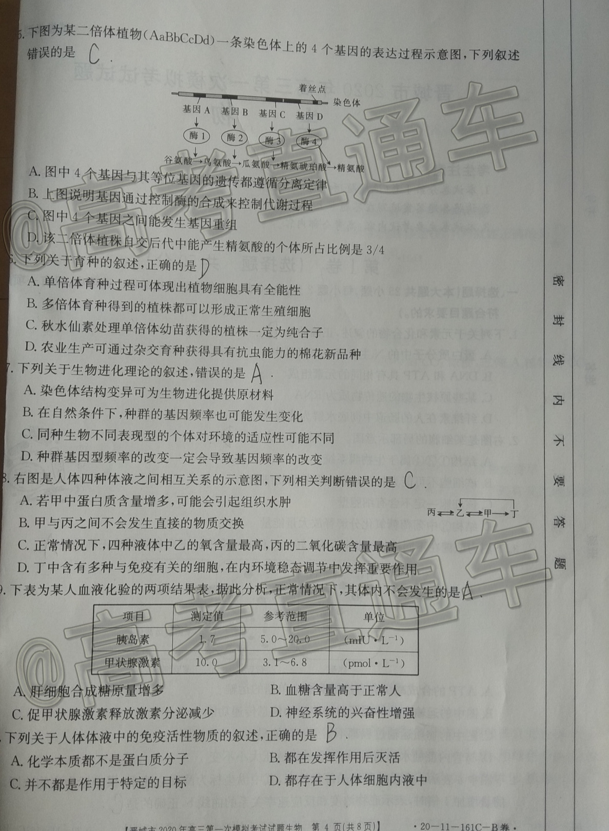 2020晋城一模（20-11-160C/161C）生物试题及参考答案 第8页