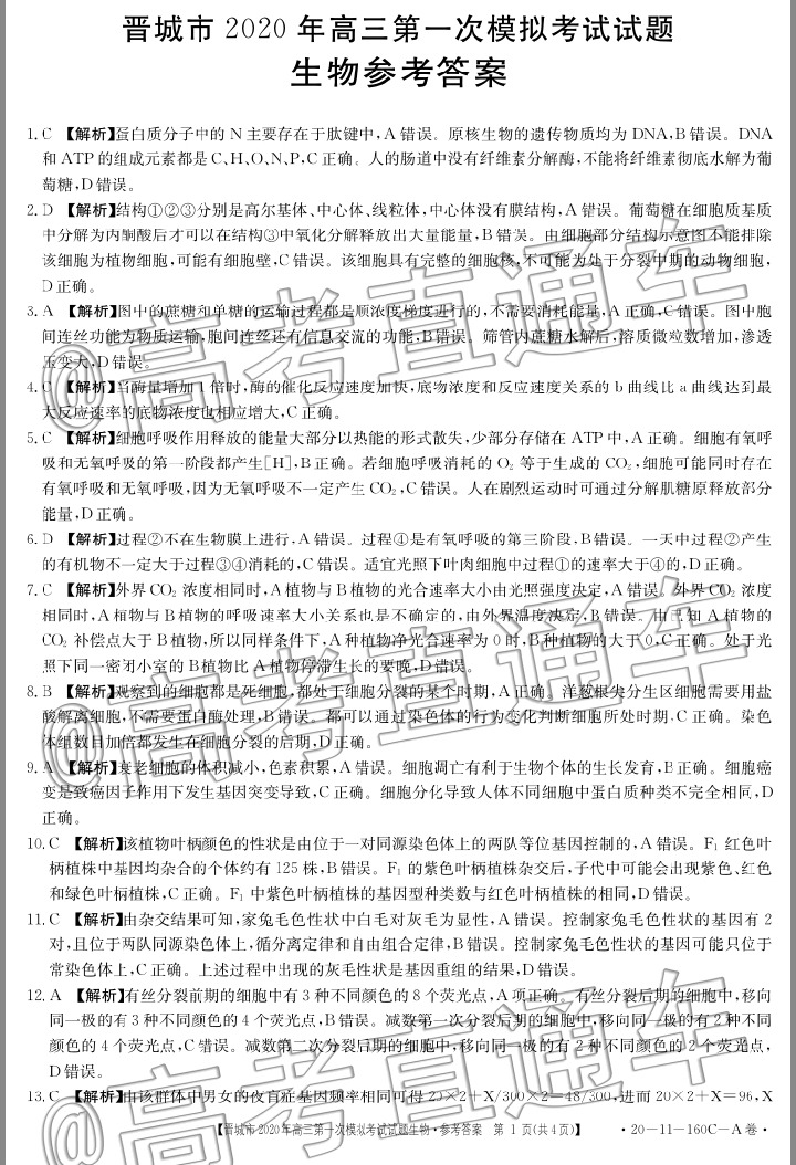 2020晋城一模（20-11-160C/161C）生物试题及参考答案 第1页