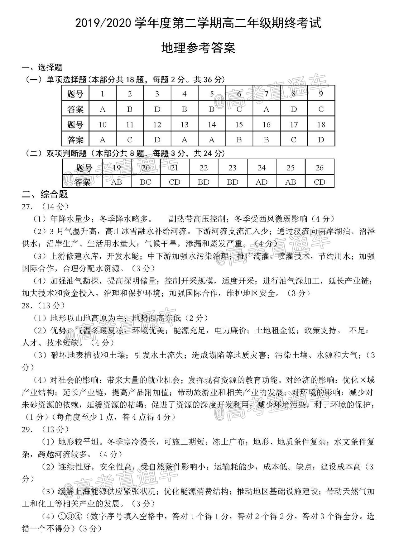 盐城高二下期终地理答案.jpg