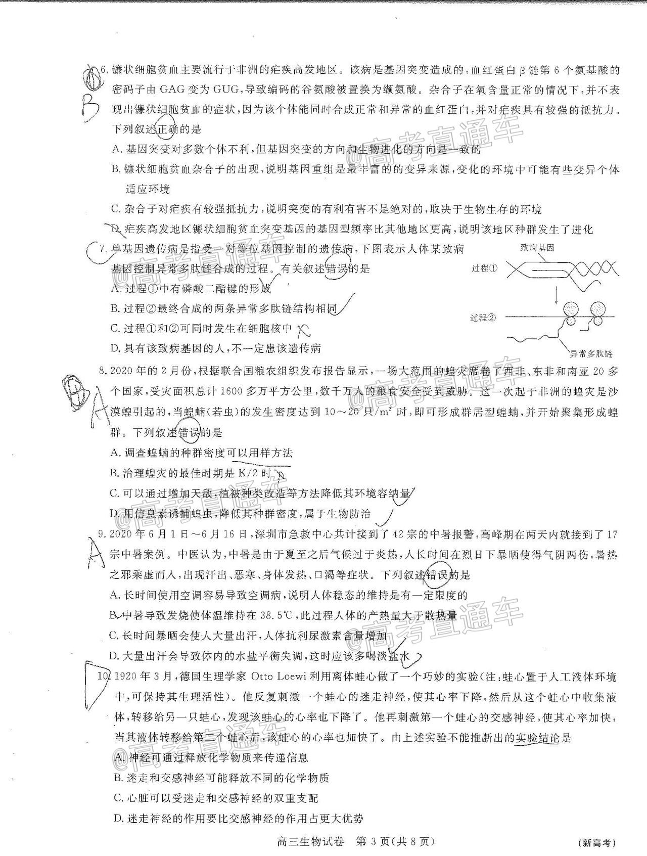 2021全品文教高三8月新起点考试生物试题及参考答案 第3页