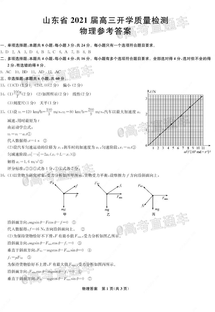 2021山东省高三开学质量检测考试物理试题及参考答案 第7页