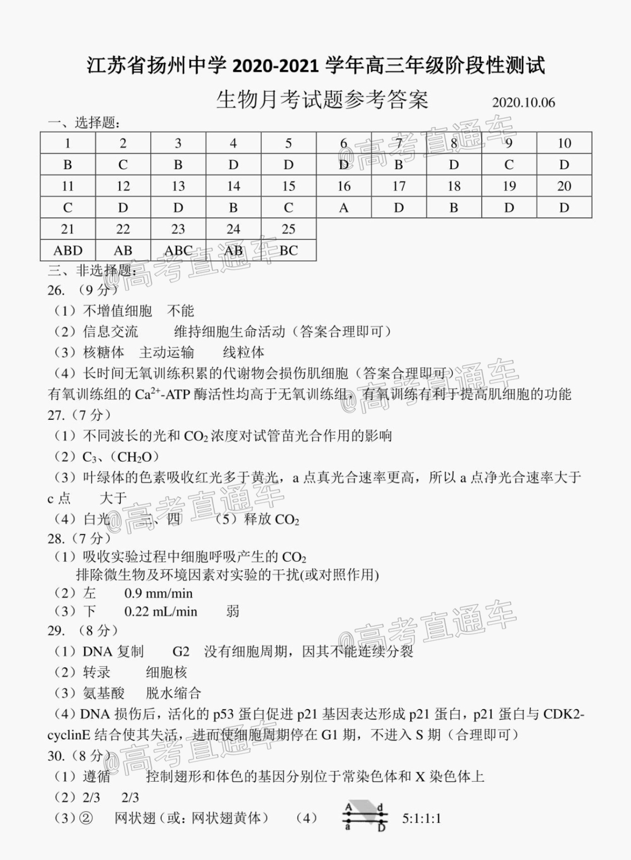 2021江苏省扬州中学高三10月月考生物试题及参考答案 第10页