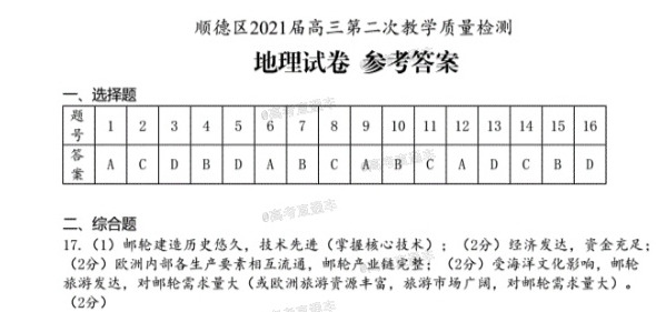 2021佛山顺德区高三第一学期第二次质检地理试题及参考答案 第3页