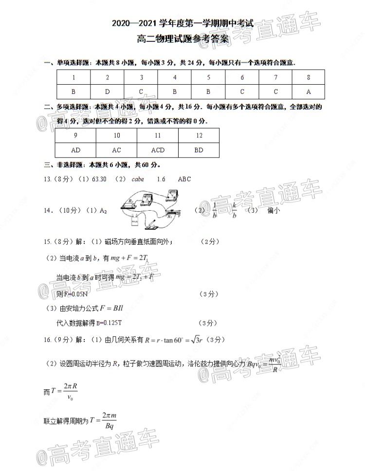 2021连云港高二期中考试物理试题及参考答案 第4页