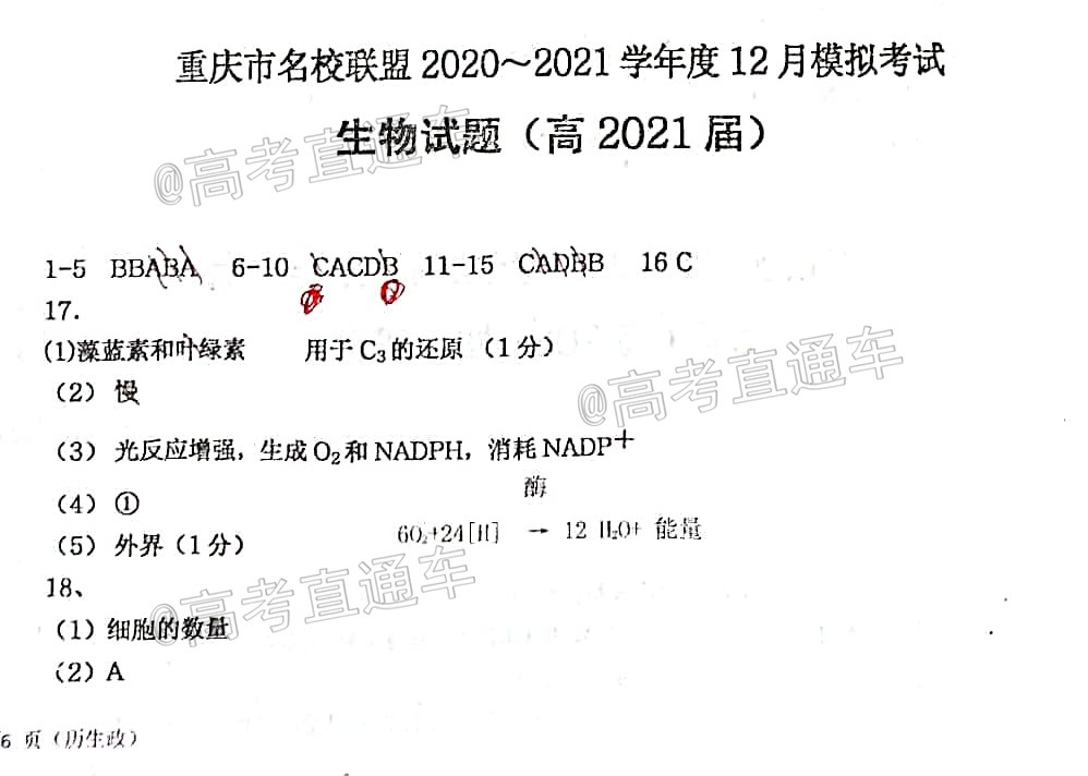 2021重庆七校联盟高三联考生物试题及参考答案 第8页