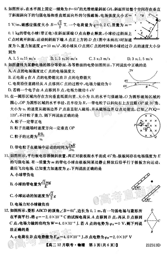2021河南省顶尖名校联盟高二上12月联考物理试题及参考答案 第3页