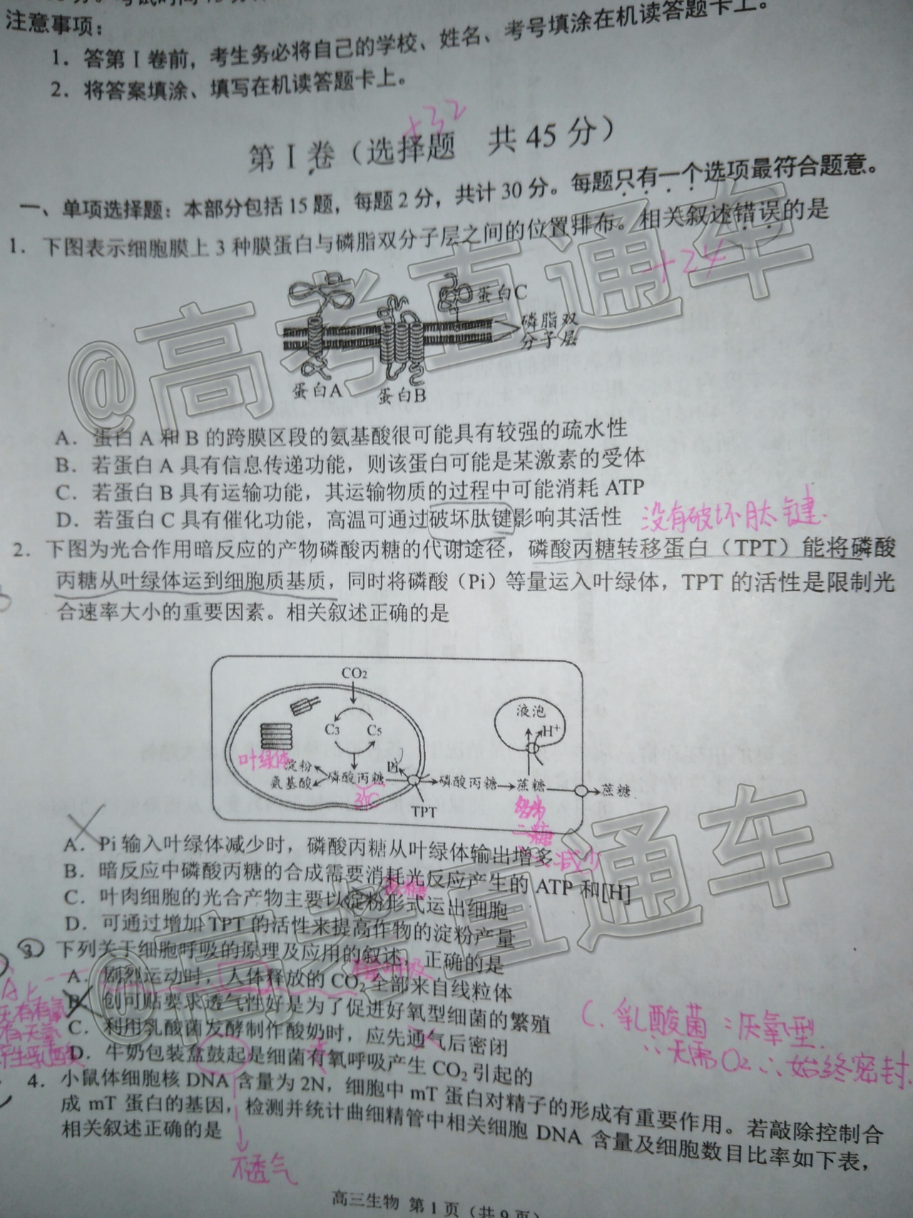 2021扬州高三适应性练习生物试题及参考答案 第1页