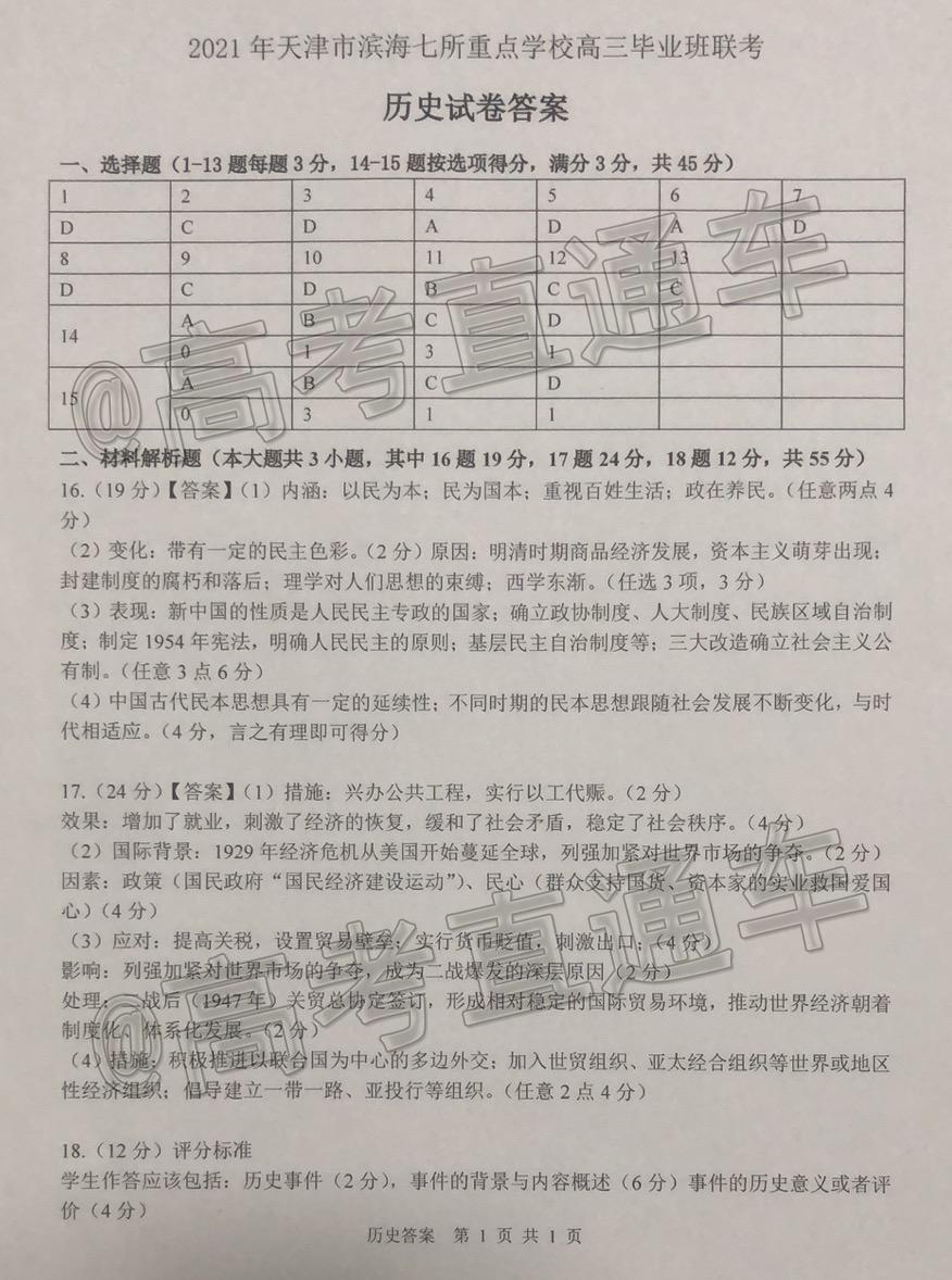 2020天津滨海七所重点学校高三上期末考历史试题及参考答案 第7页