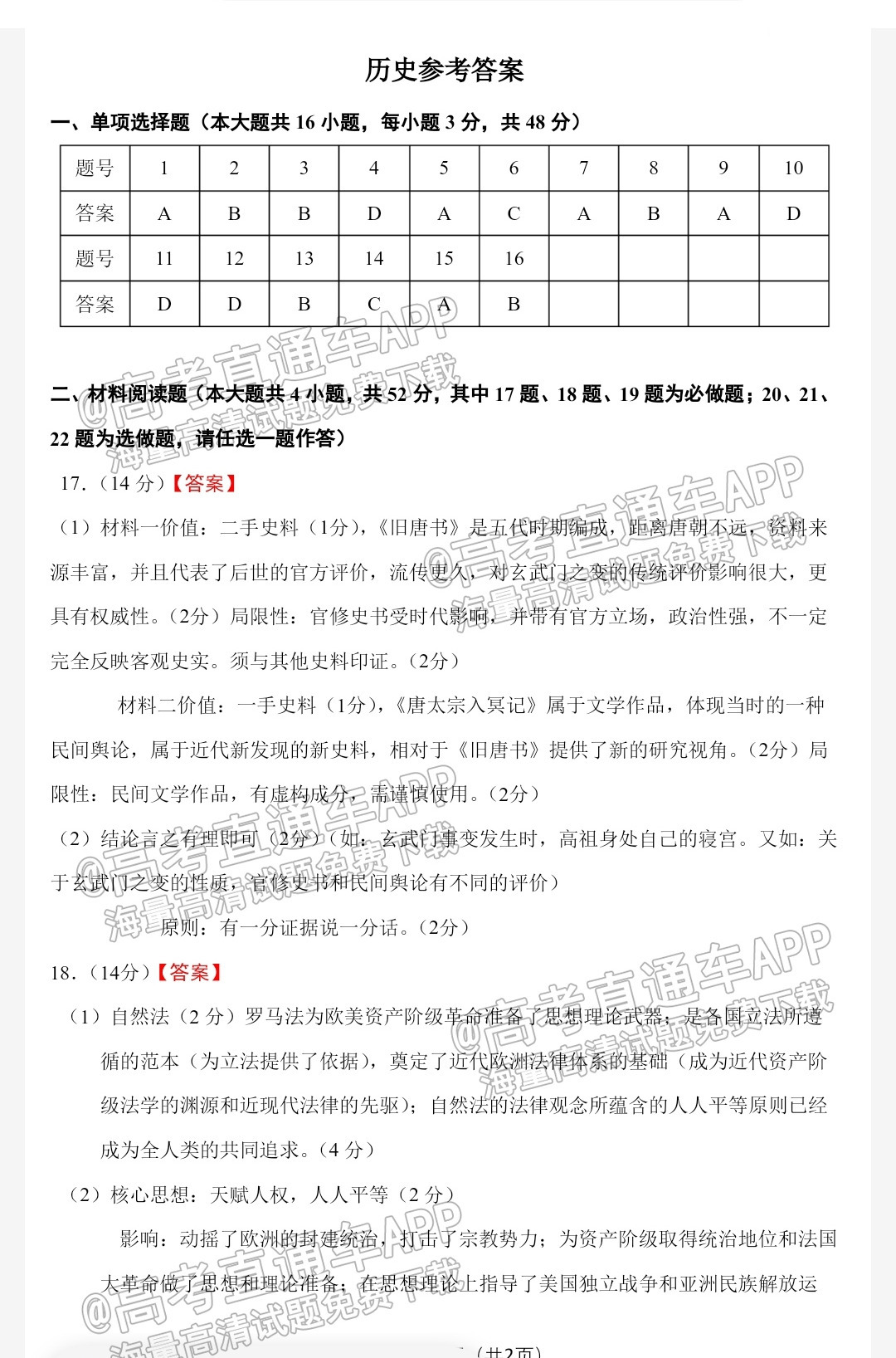 2021广东六校高三第四次联考历史参考答案 第1页