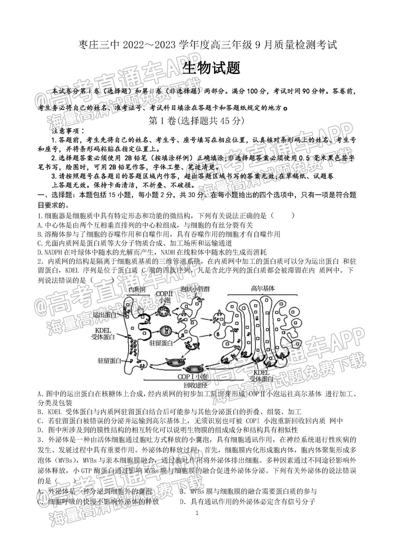 2023山东枣庄三中高三9月质量检测生物试题及参考答案 第1页