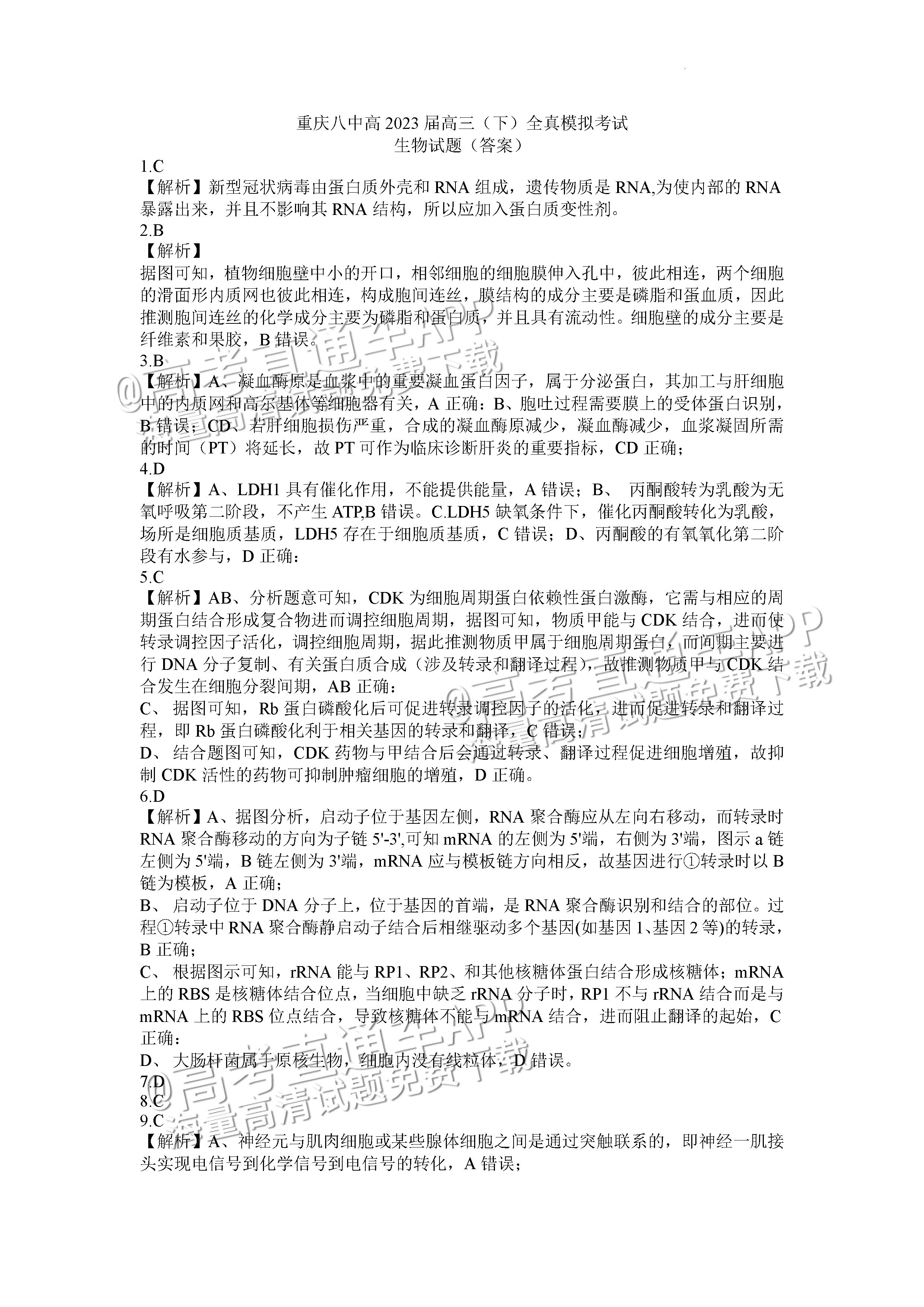 2023重庆八中高三下学期全真模拟考（二模）生物试题及参考答案 第9页
