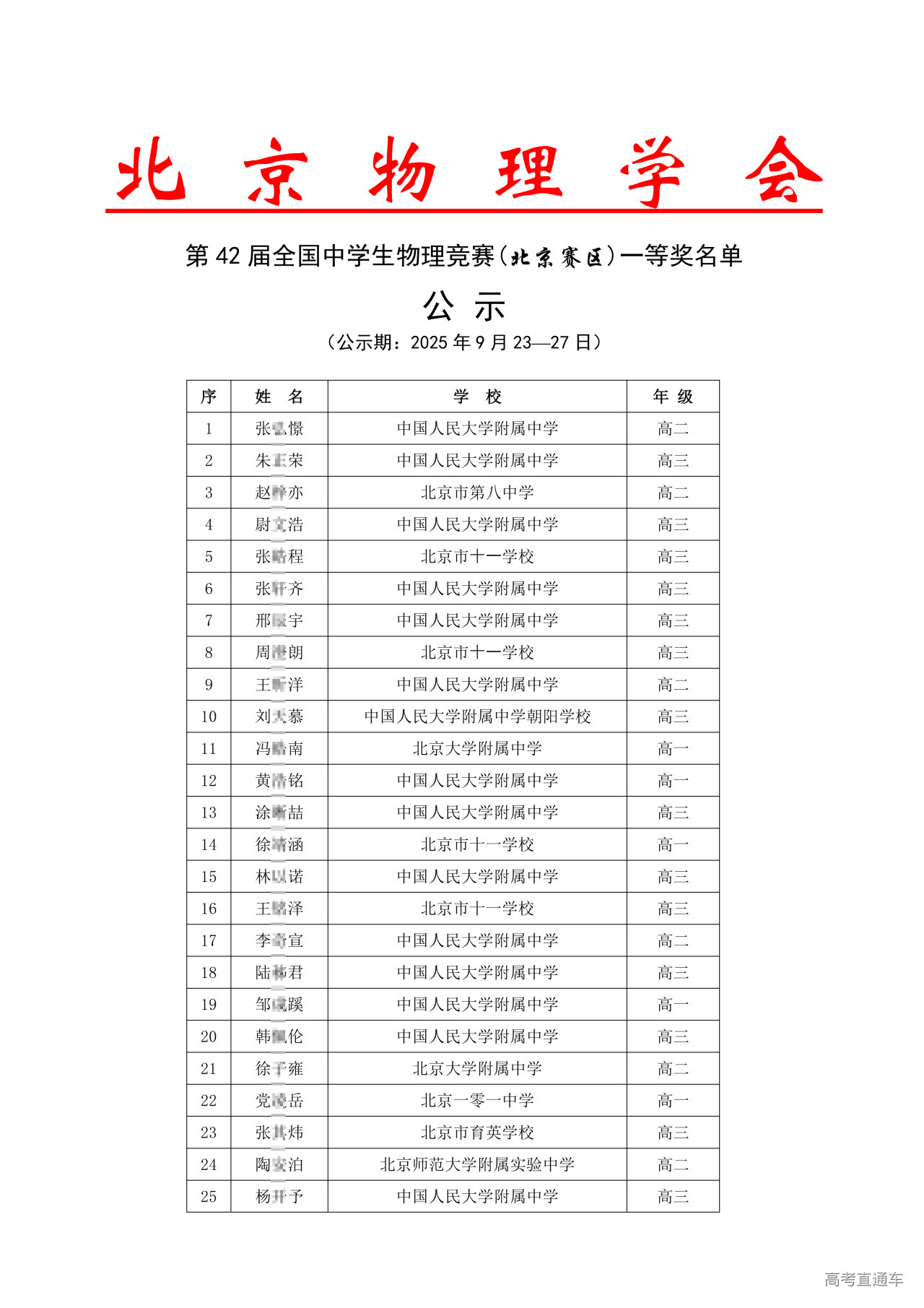 北京市2025中学生物理竞赛复赛省一获奖名单