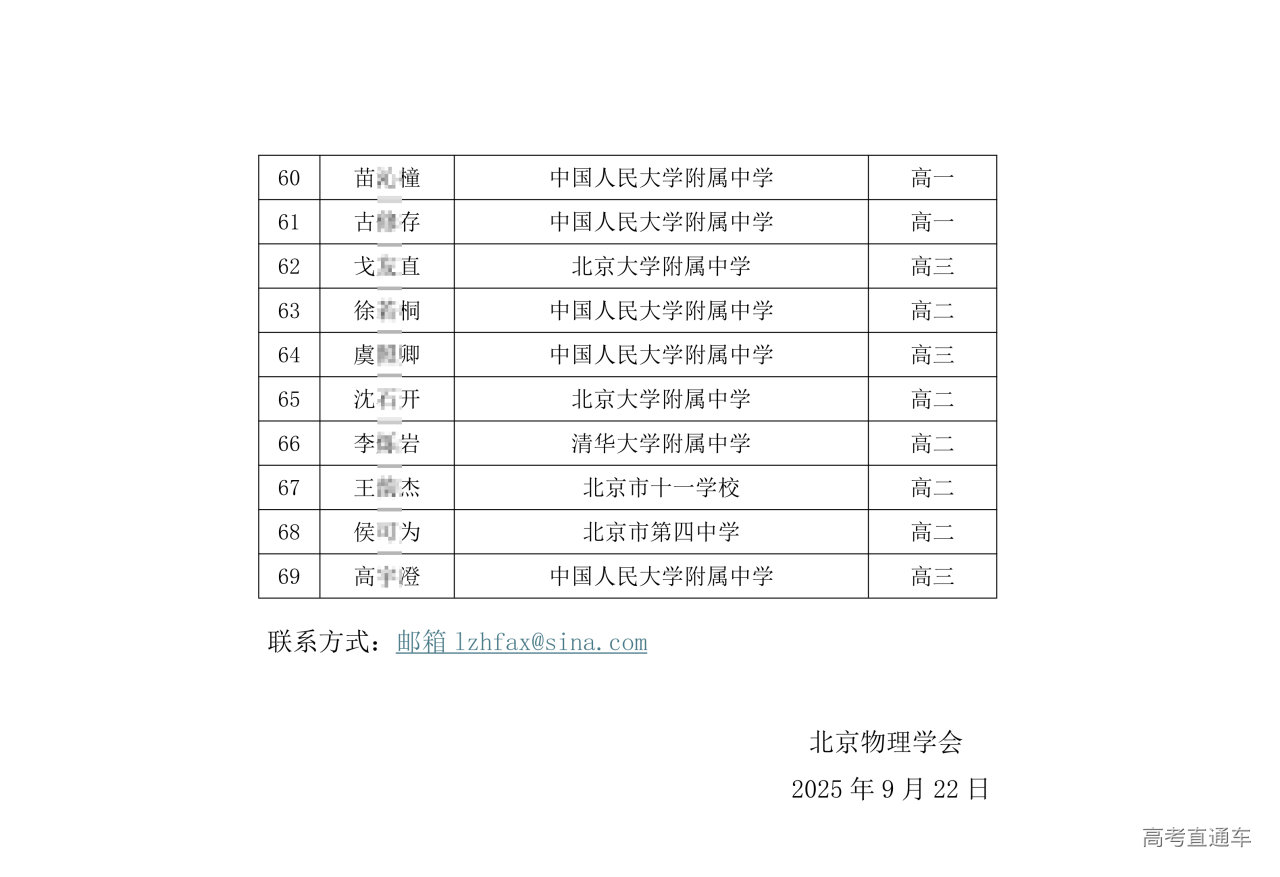 北京市2025中学生物理竞赛复赛省一获奖名单