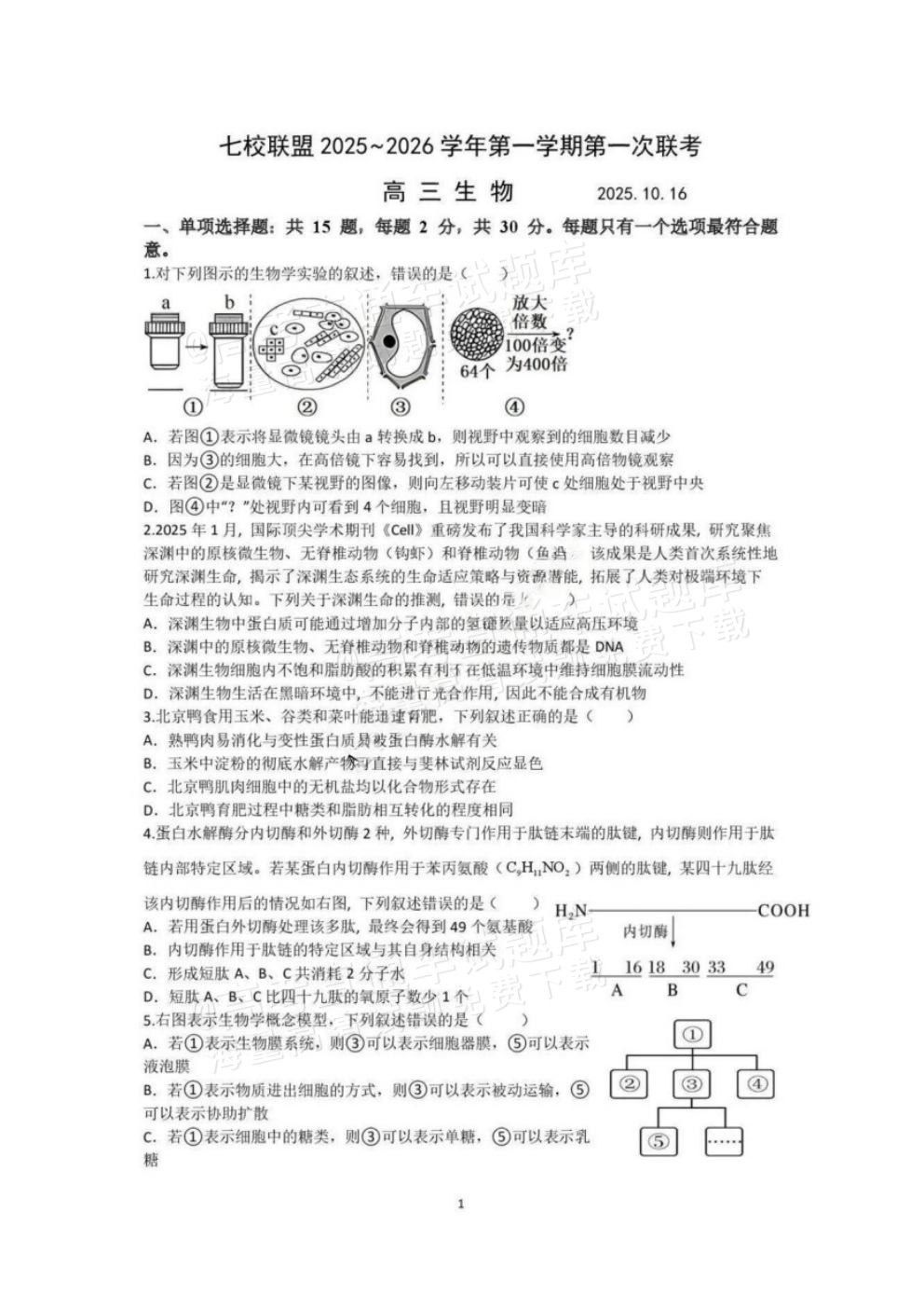 2026江苏扬州七校高三10月联考生物试题及参考答案 第1页