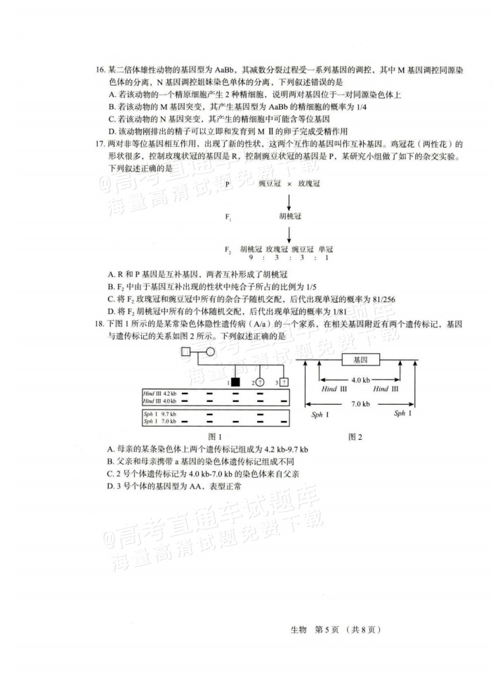 2026河北保定市高三上期中考生物试题及参考答案 第5页