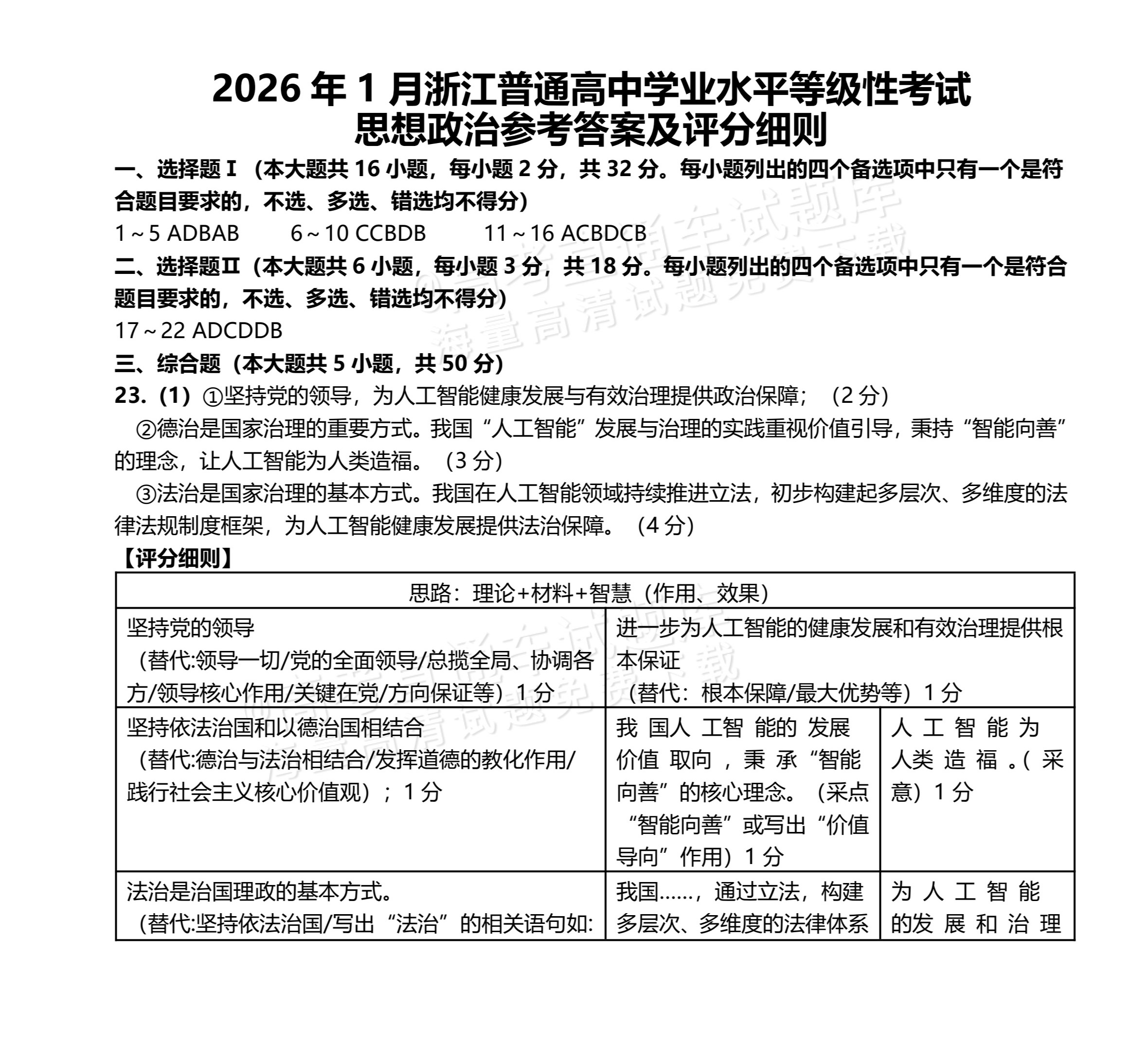 2026浙江高考（新高考Ⅰ卷）政治试题及参考答案 答案 第1页
