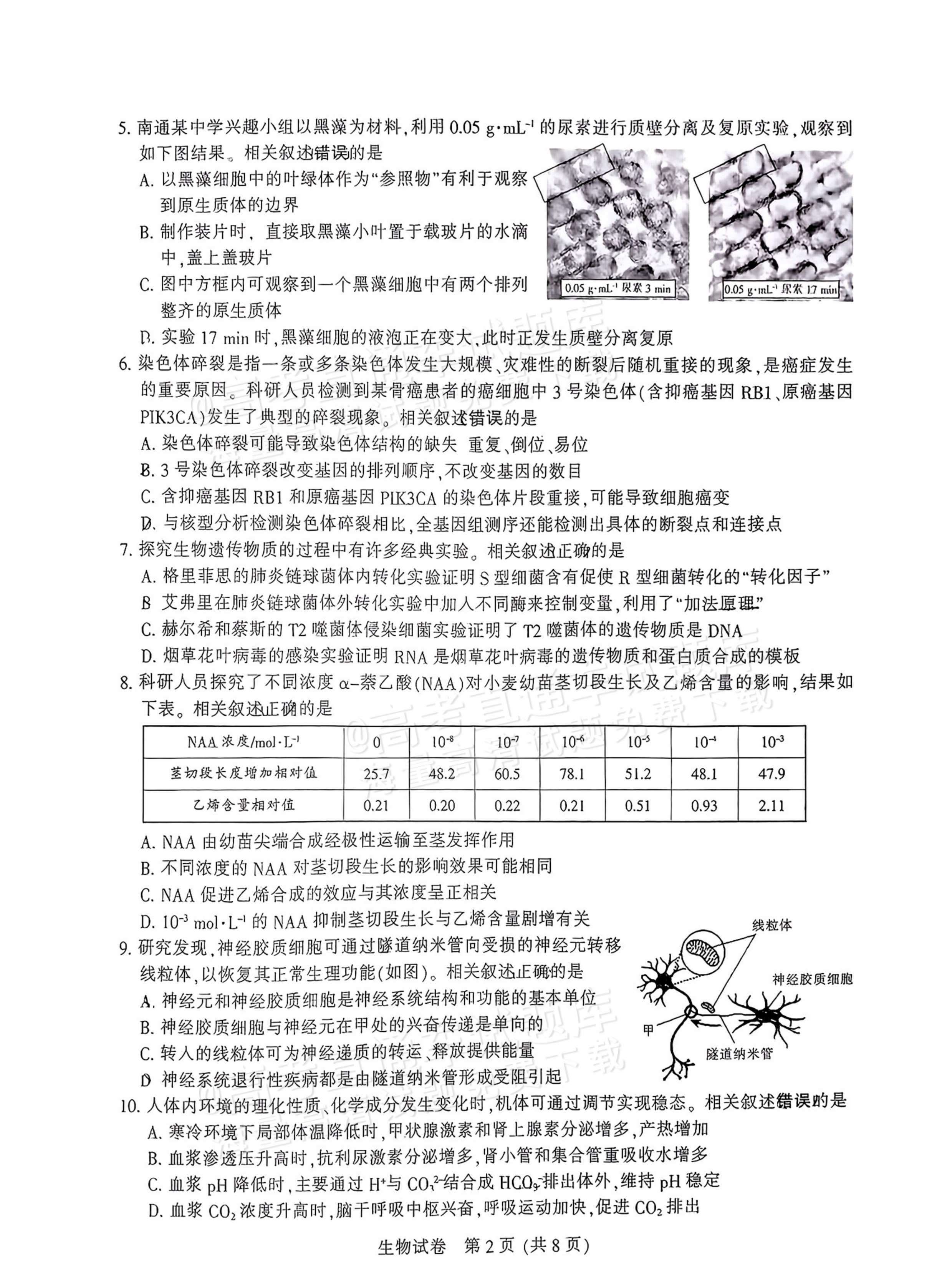 2026江苏苏北七市高三三模生物试题及参考答案 第2页