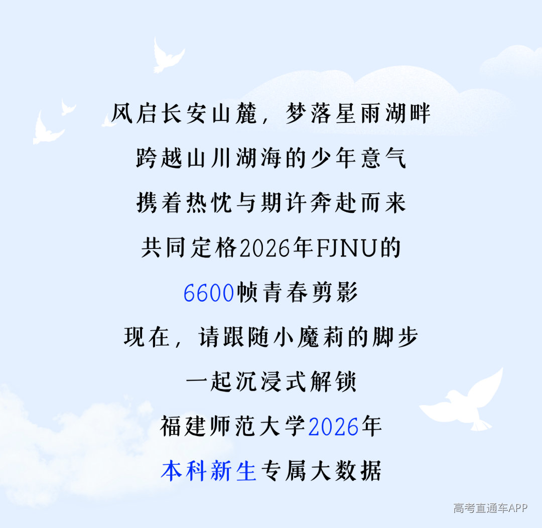 风启长安山麓,梦落星雨湖畔 跨越山川湖海的少年意气 携着热忱与期许奔赴而来 共同定格2026年FJNU的 6654帧青春剪影 现在,请跟随小魔莉的脚步 一起沉浸式解锁 福建师范大学2026年 本科新生专属大数据.png