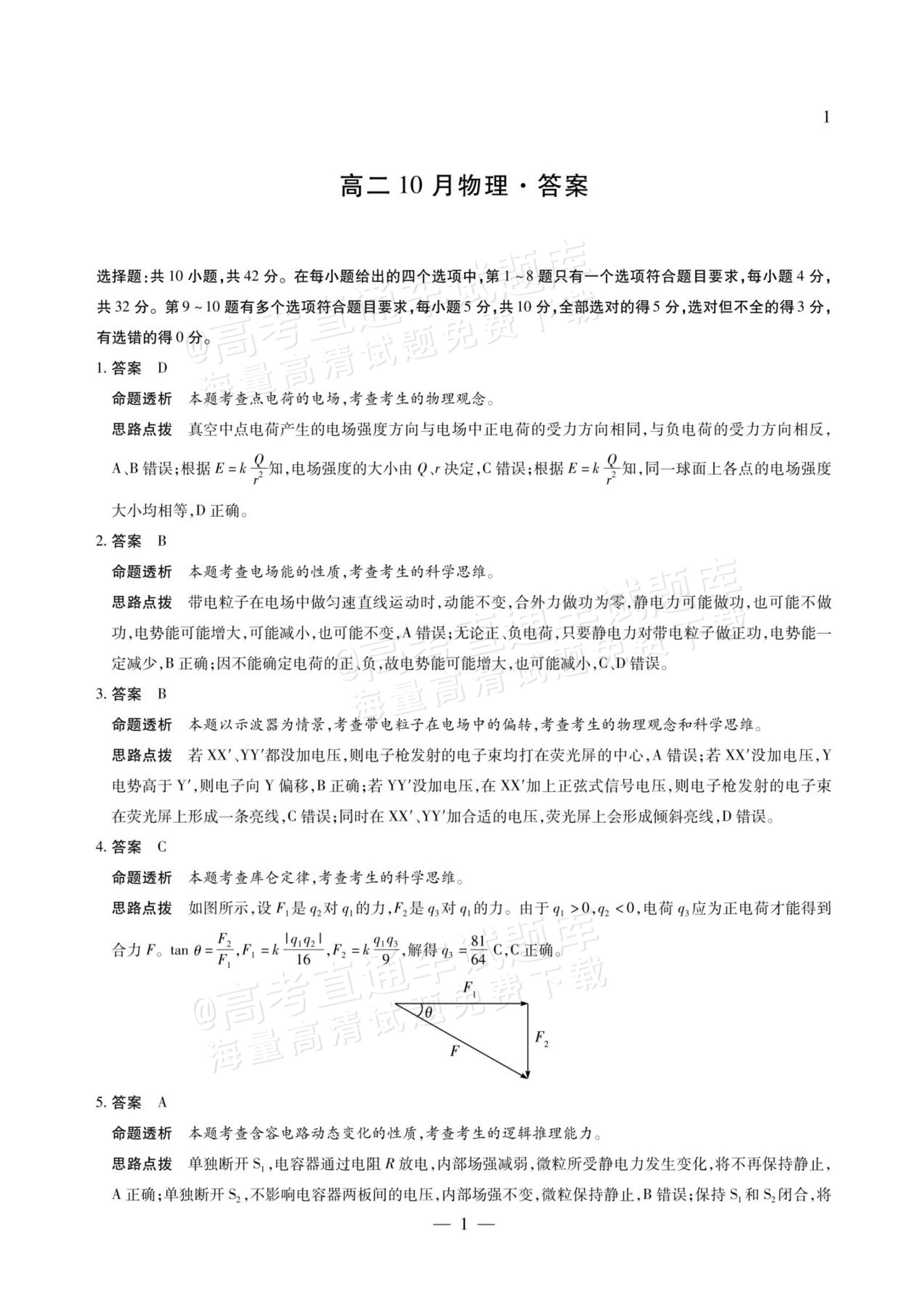 2027安徽省县中联盟高二10月联考物理试题及参考答案 答案 第1页